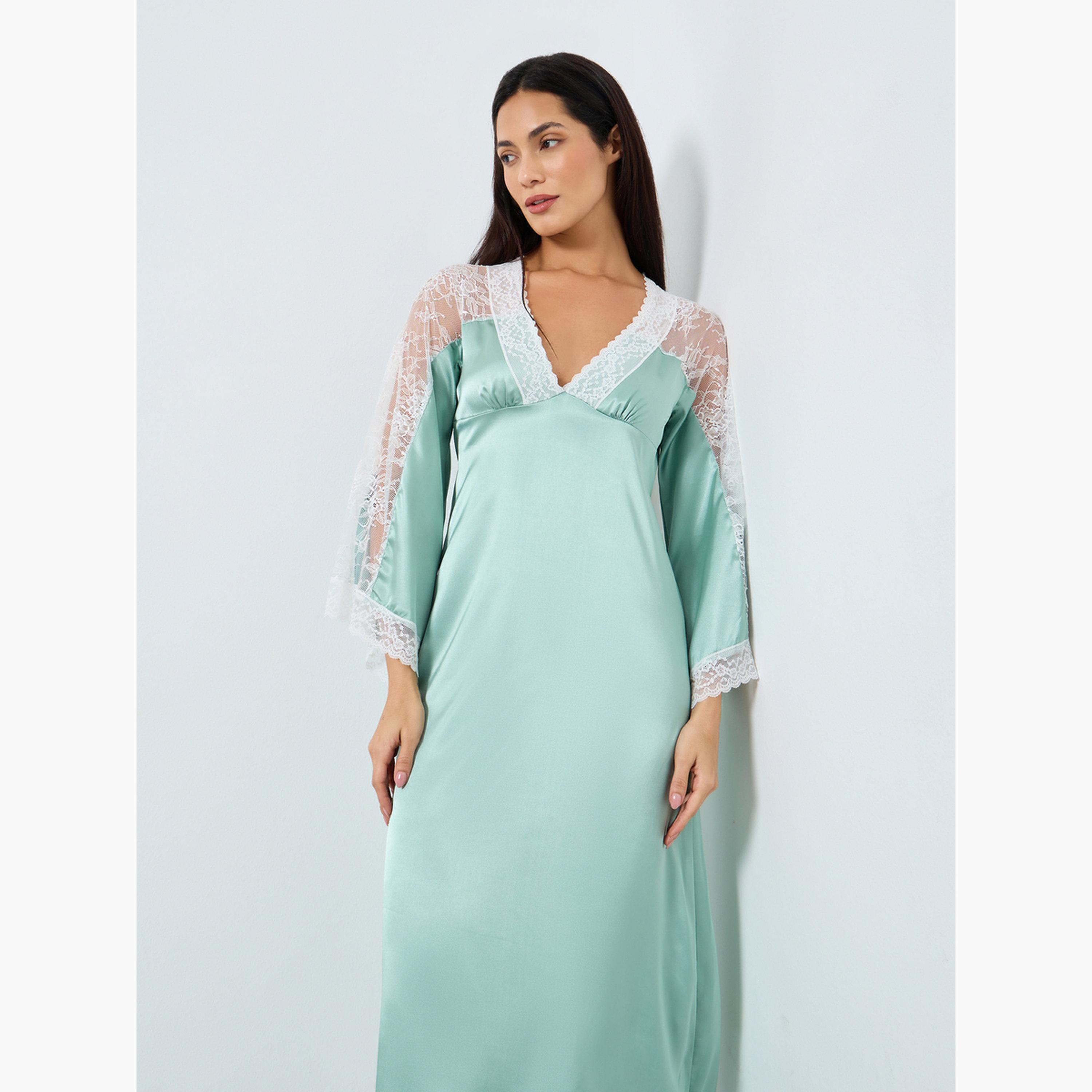 Take Two Contrast Lace Insert V Neck Satin Nightdress-women-clothing-nightwear-nighties-image-2