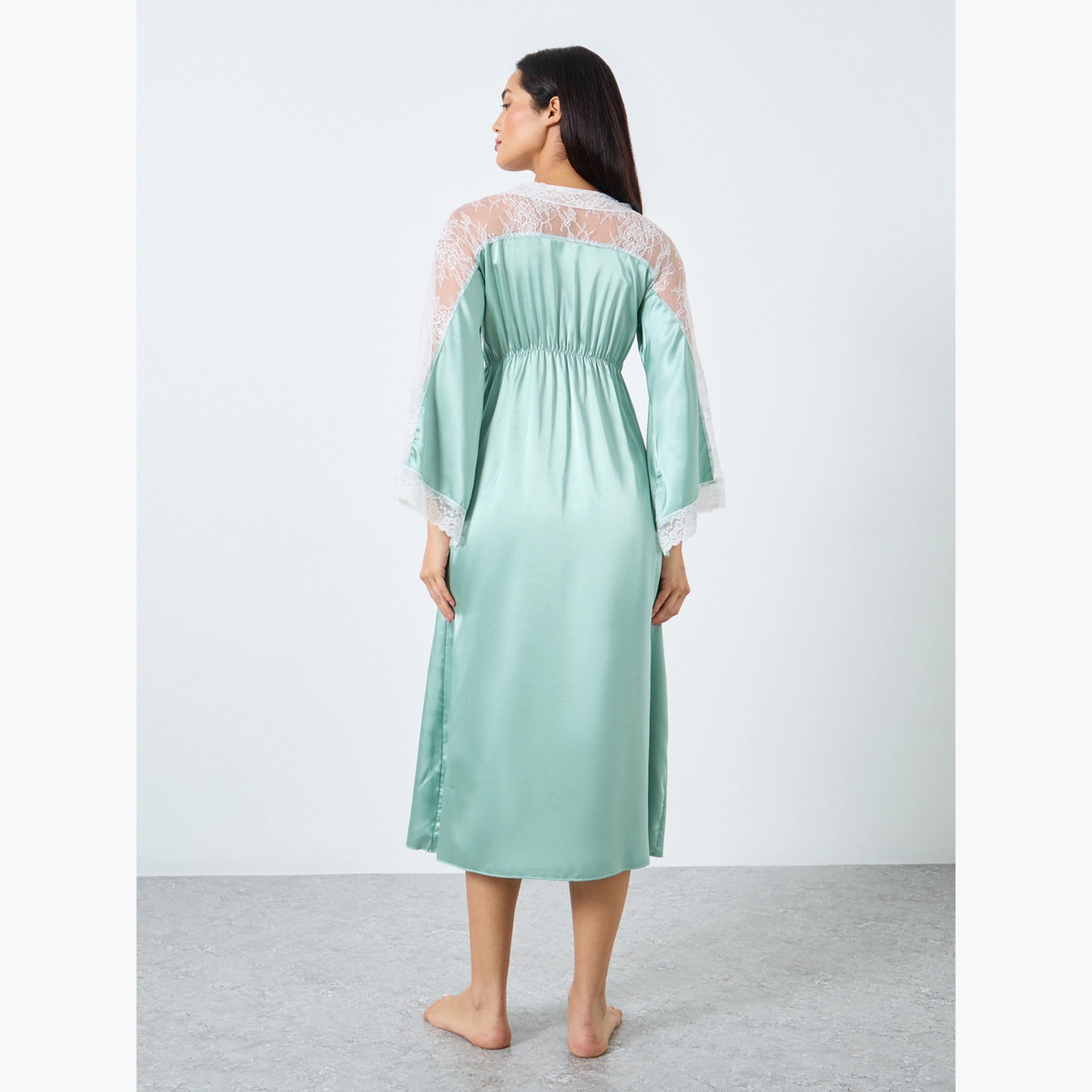 Take Two Contrast Lace Insert V Neck Satin Nightdress-women-clothing-nightwear-nighties-image-3