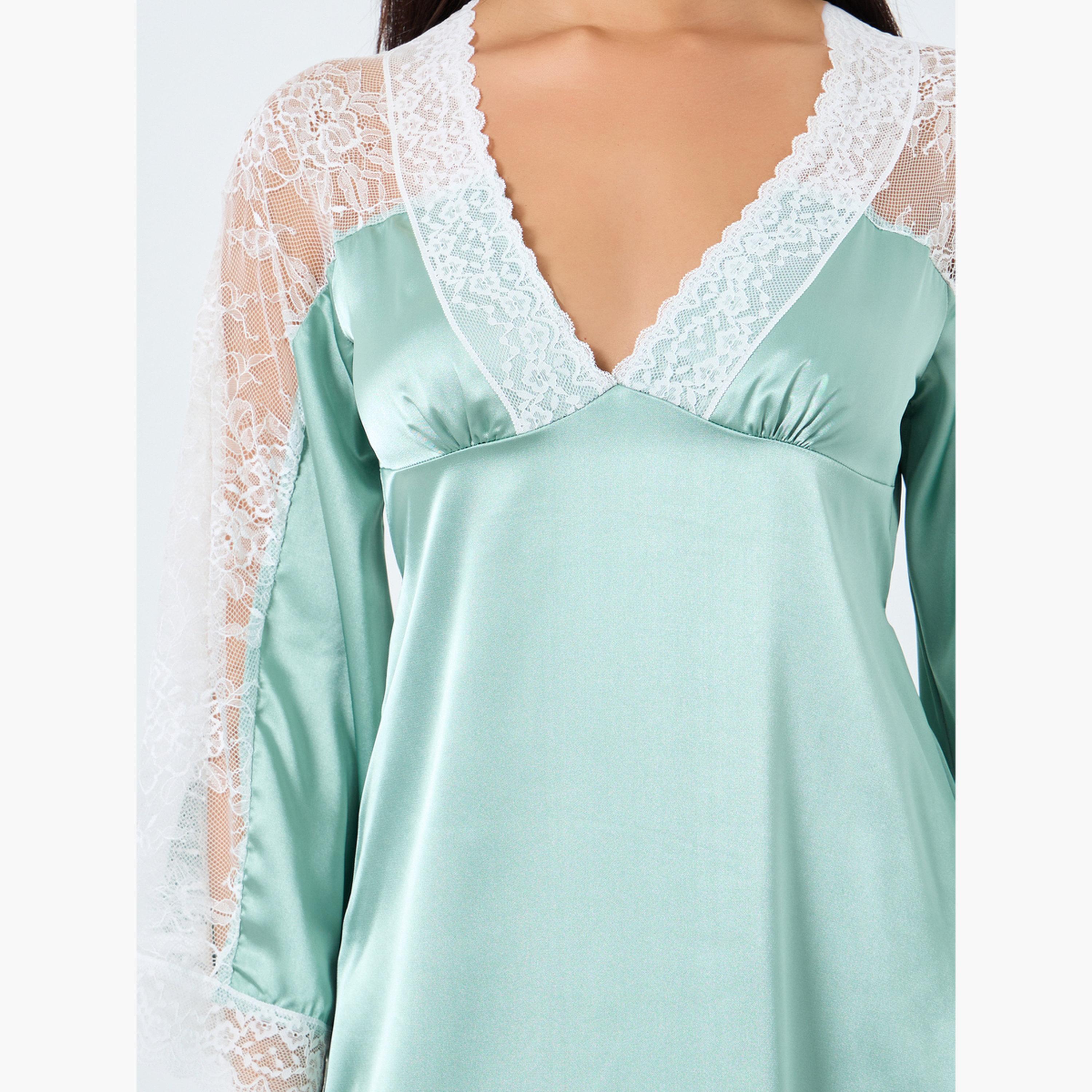 Take Two Contrast Lace Insert V Neck Satin Nightdress-women-clothing-nightwear-nighties-image-4