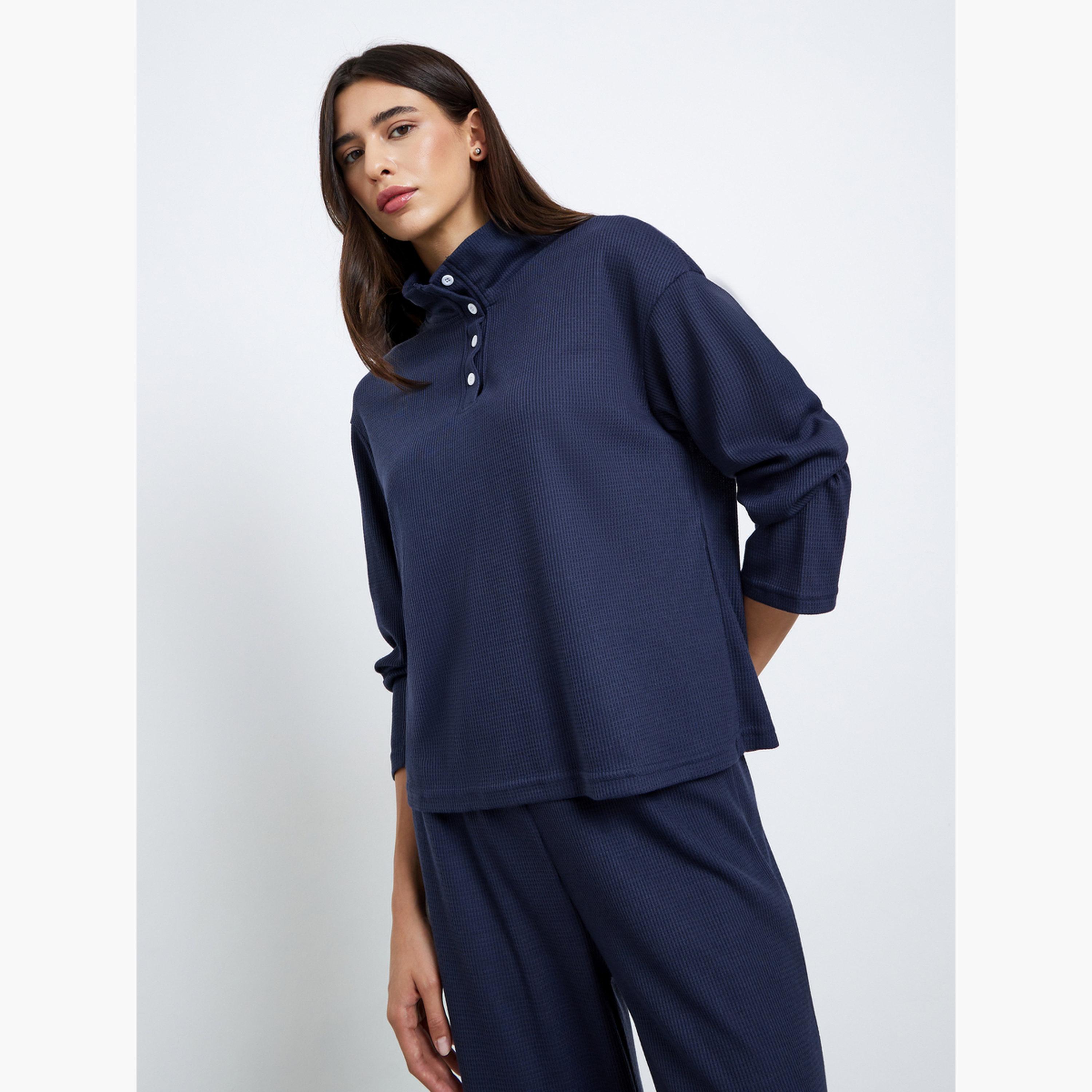 ستايلي - قميص بولو أزرق داكن محبوك بياقة وافل وبنطال-women-clothing-coordsets-image-3