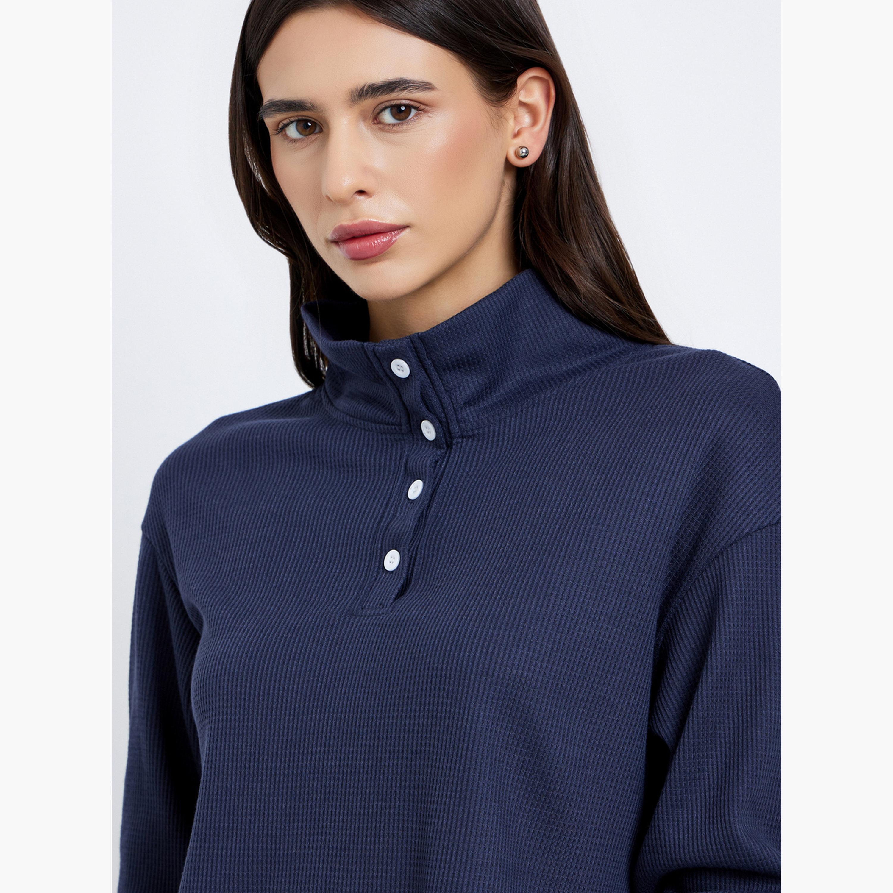 ستايلي - قميص بولو أزرق داكن محبوك بياقة وافل وبنطال-women-clothing-coordsets-image-4