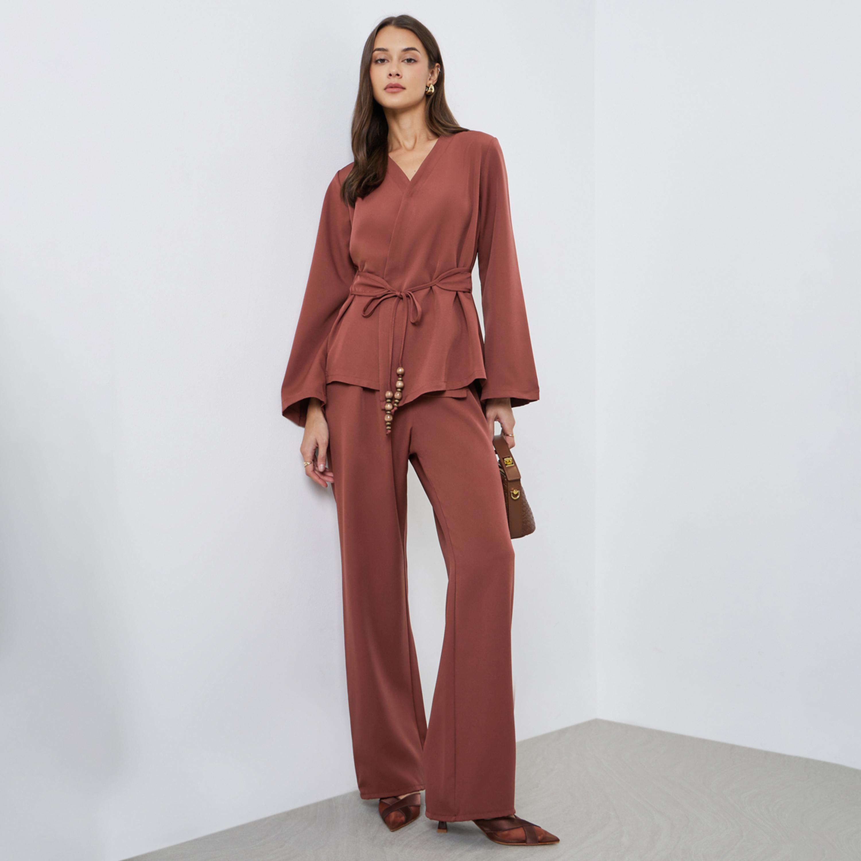 Styli Solid Wrap Beaded Tie Top and Pants Co-Ords-women-clothing-coordsets-image-1