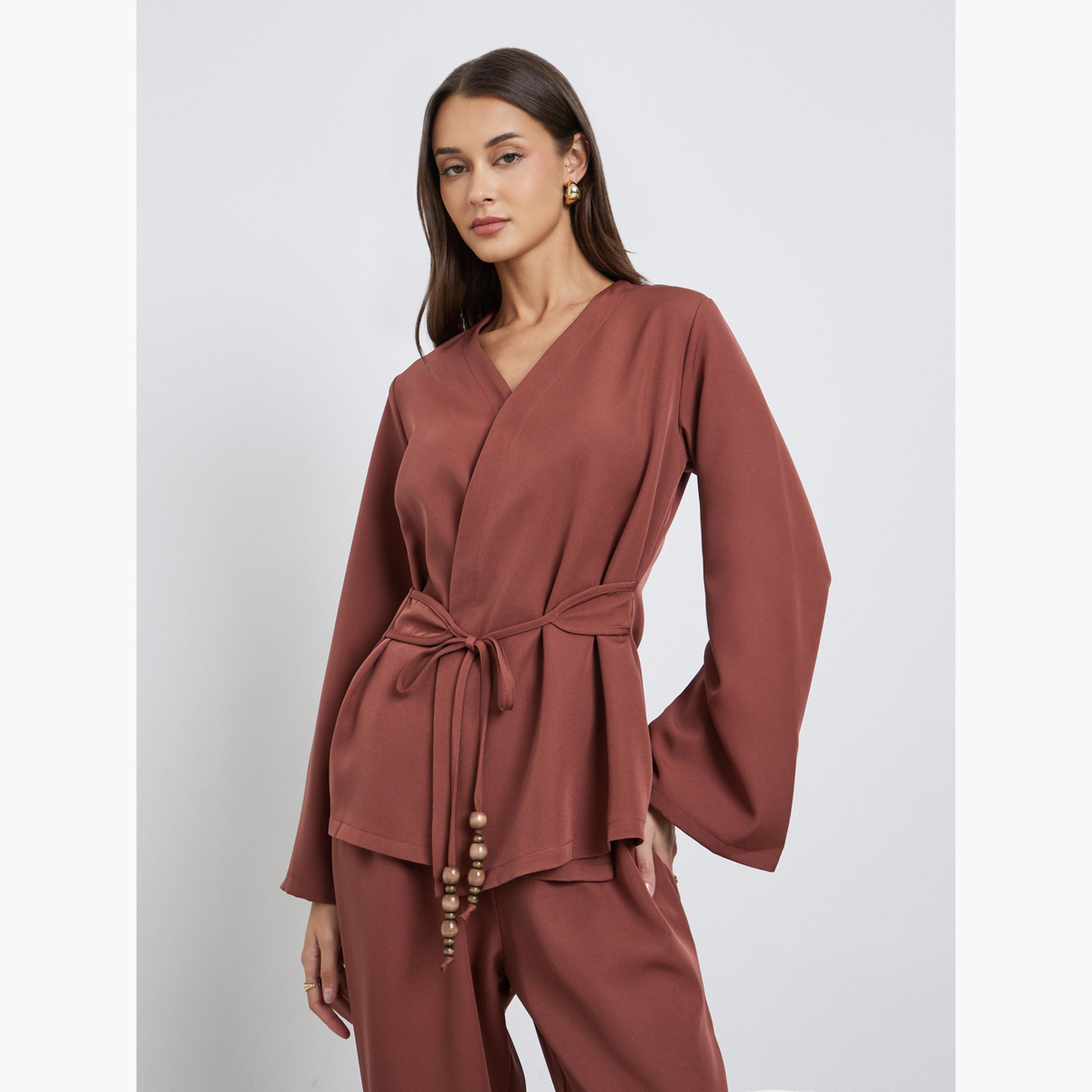 Styli Solid Wrap Beaded Tie Top and Pants Co-Ords-women-clothing-coordsets-image-2