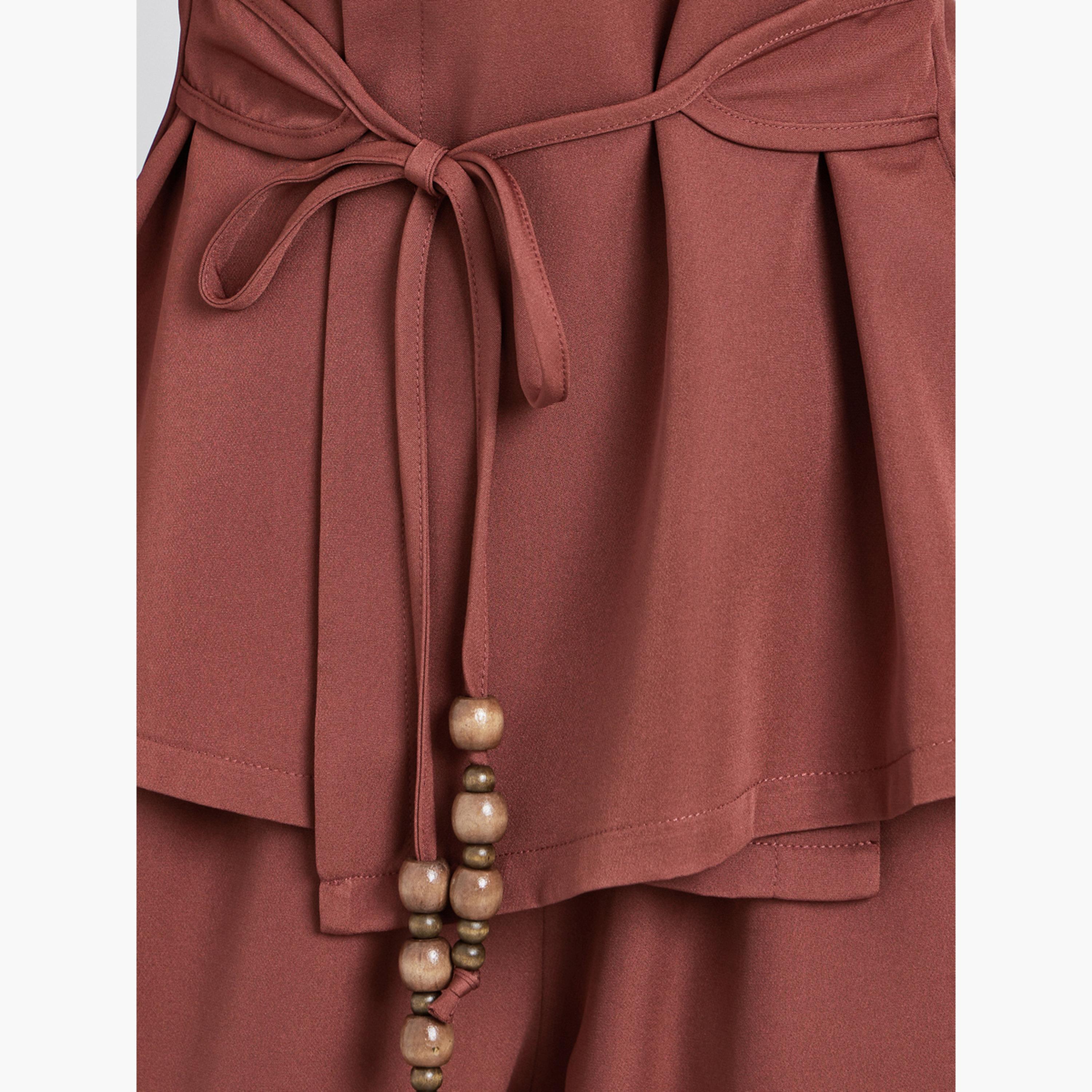 ستايلي - بلوزة وبنطال مزينين بالخرز بتصميم ملفوف سادة-women-clothing-coordsets-image-3