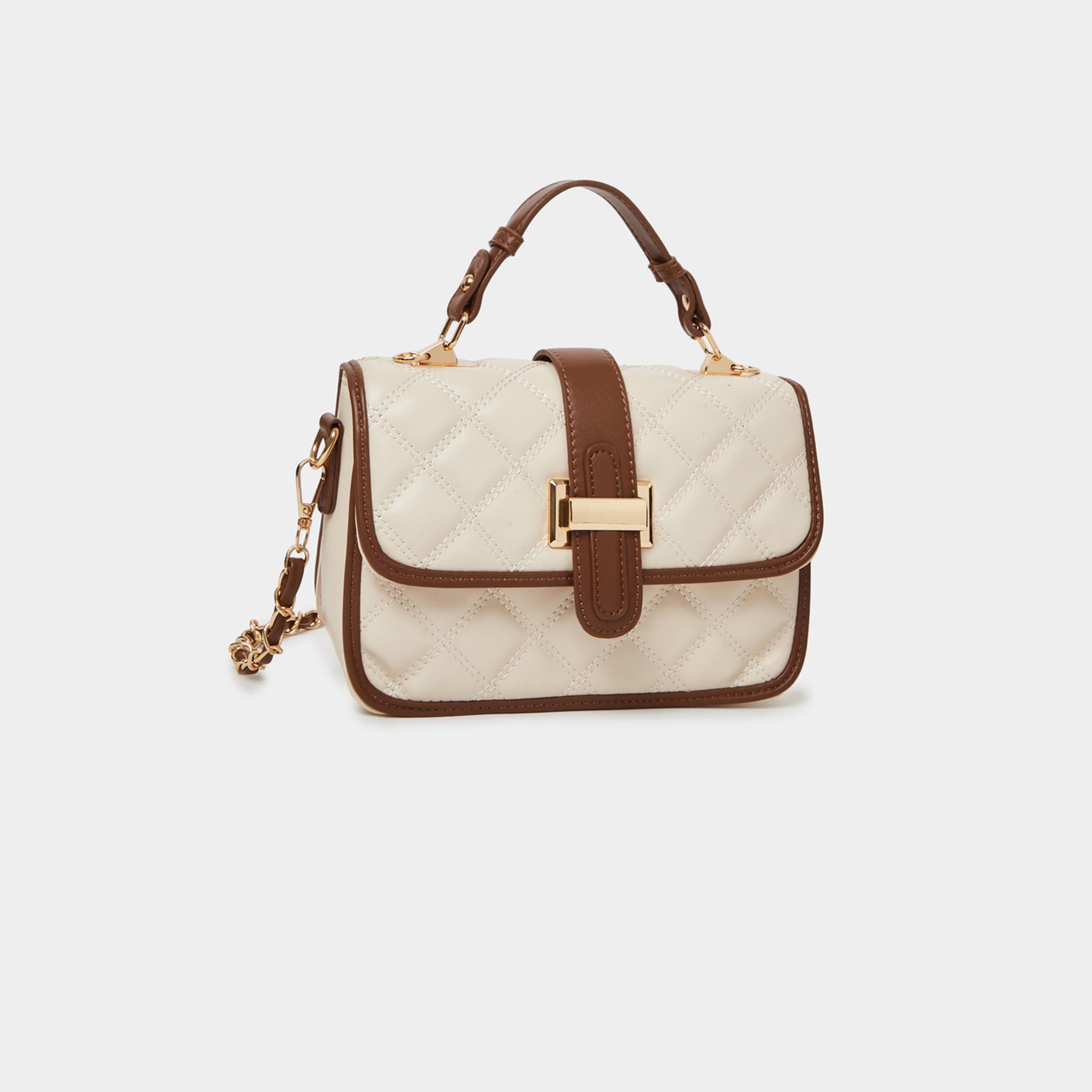 Styli Cream Quilted Handbag with Belt Buckle Detail-women-bagsandwallets-handbags-image-1