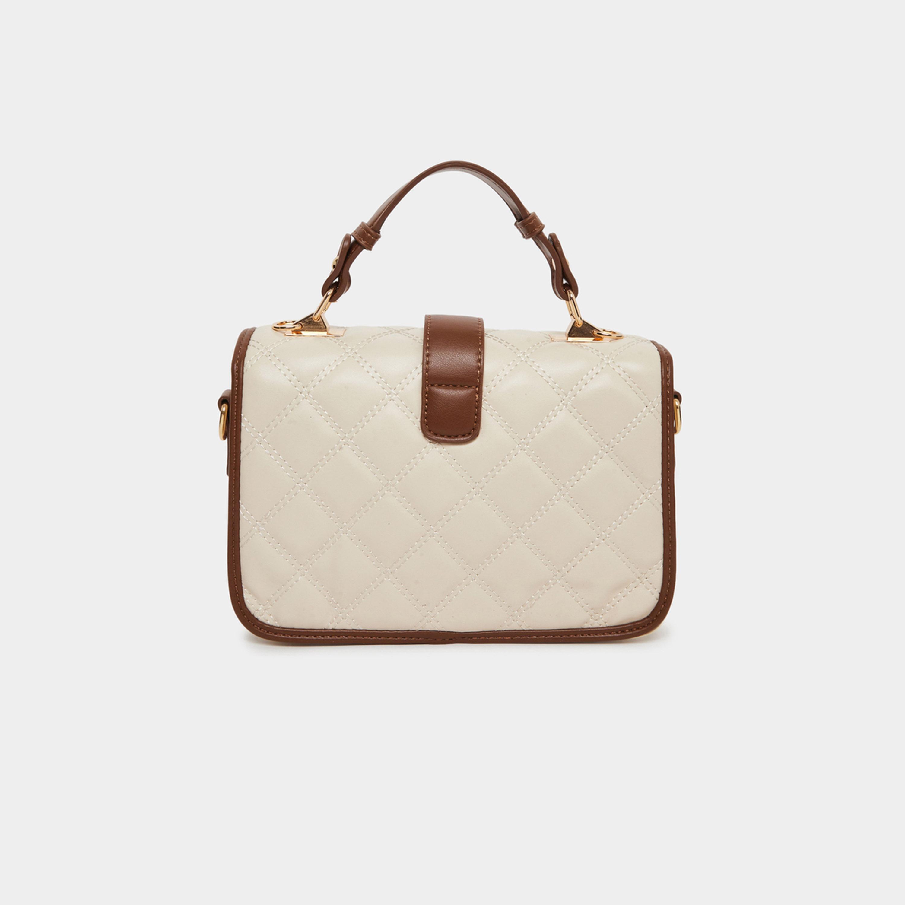 Styli Cream Quilted Handbag with Belt Buckle Detail-women-bagsandwallets-handbags-image-2