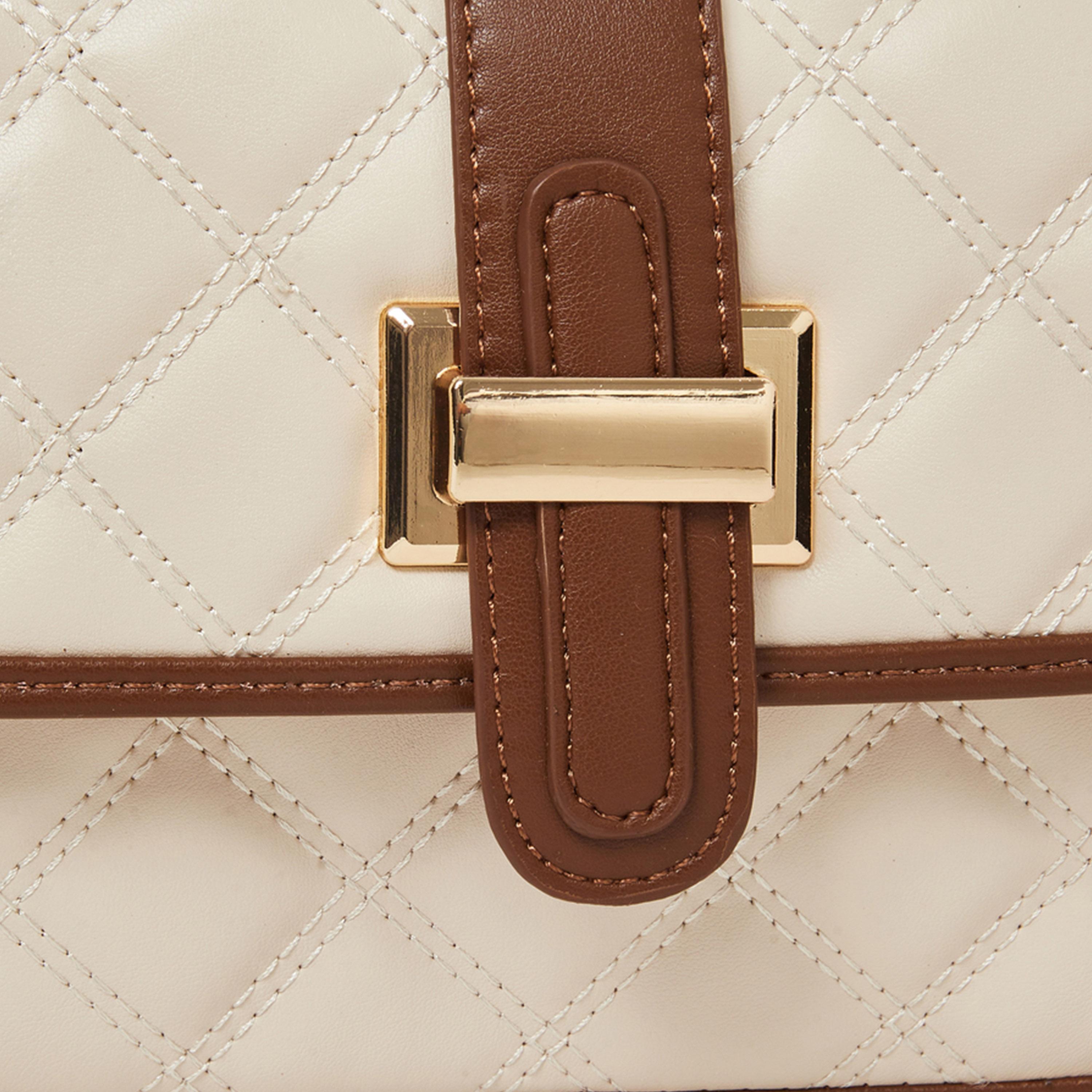 Styli Cream Quilted Handbag with Belt Buckle Detail-women-bagsandwallets-handbags-image-3