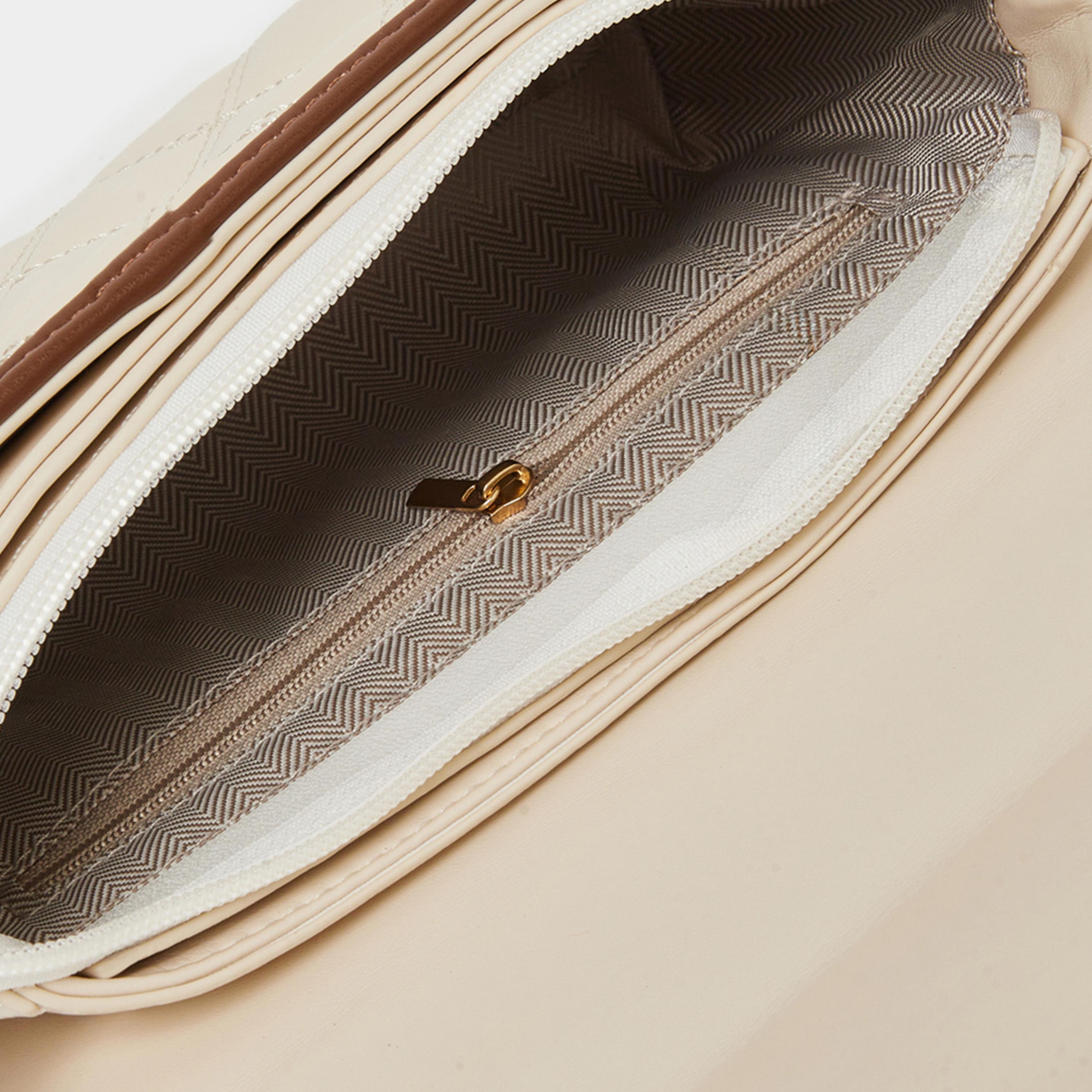 Styli Cream Quilted Handbag with Belt Buckle Detail-women-bagsandwallets-handbags-image-4