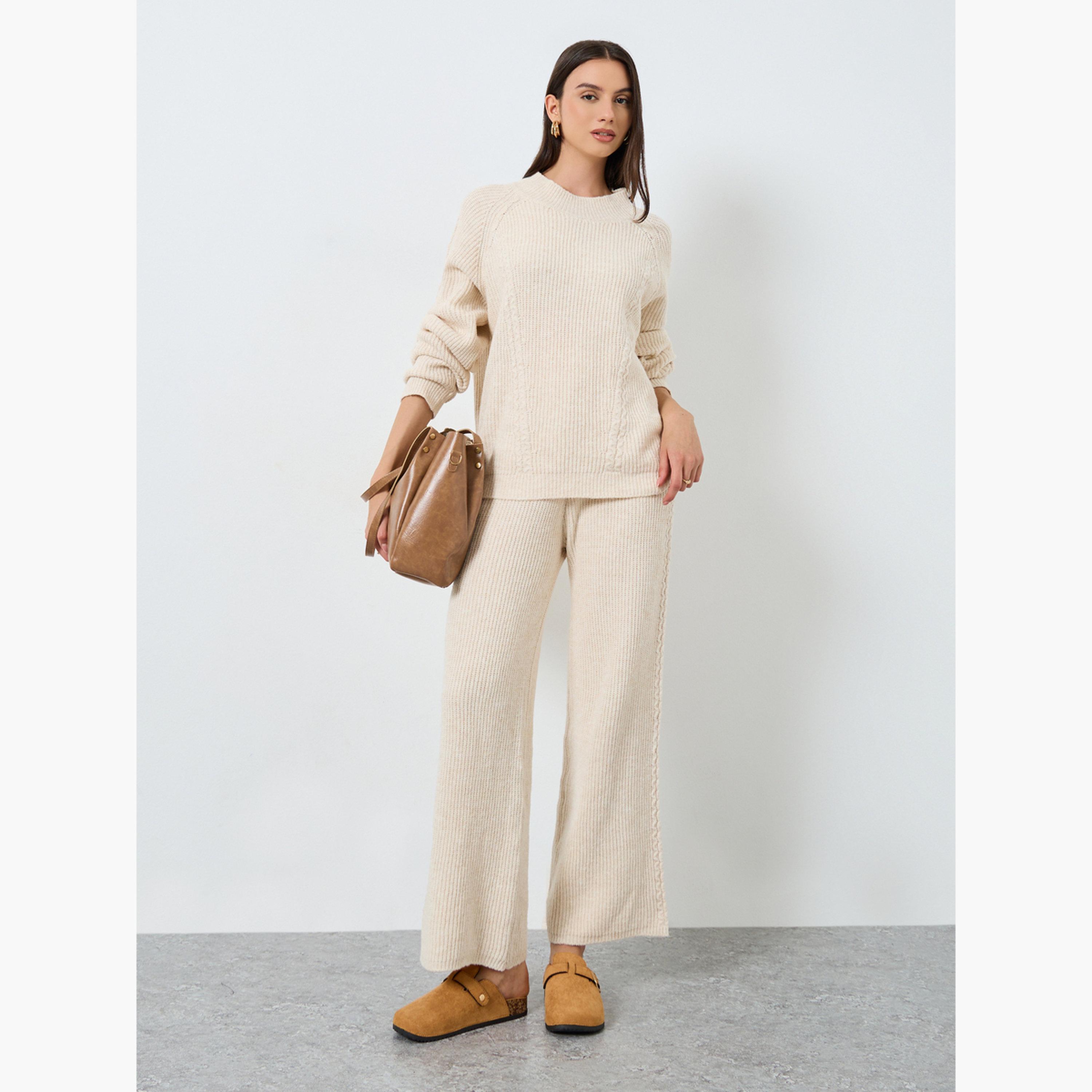 Styli Women Beige Textured Cable Knit Sweater and Pants Co-ords-women-clothing-coordsets-image-1
