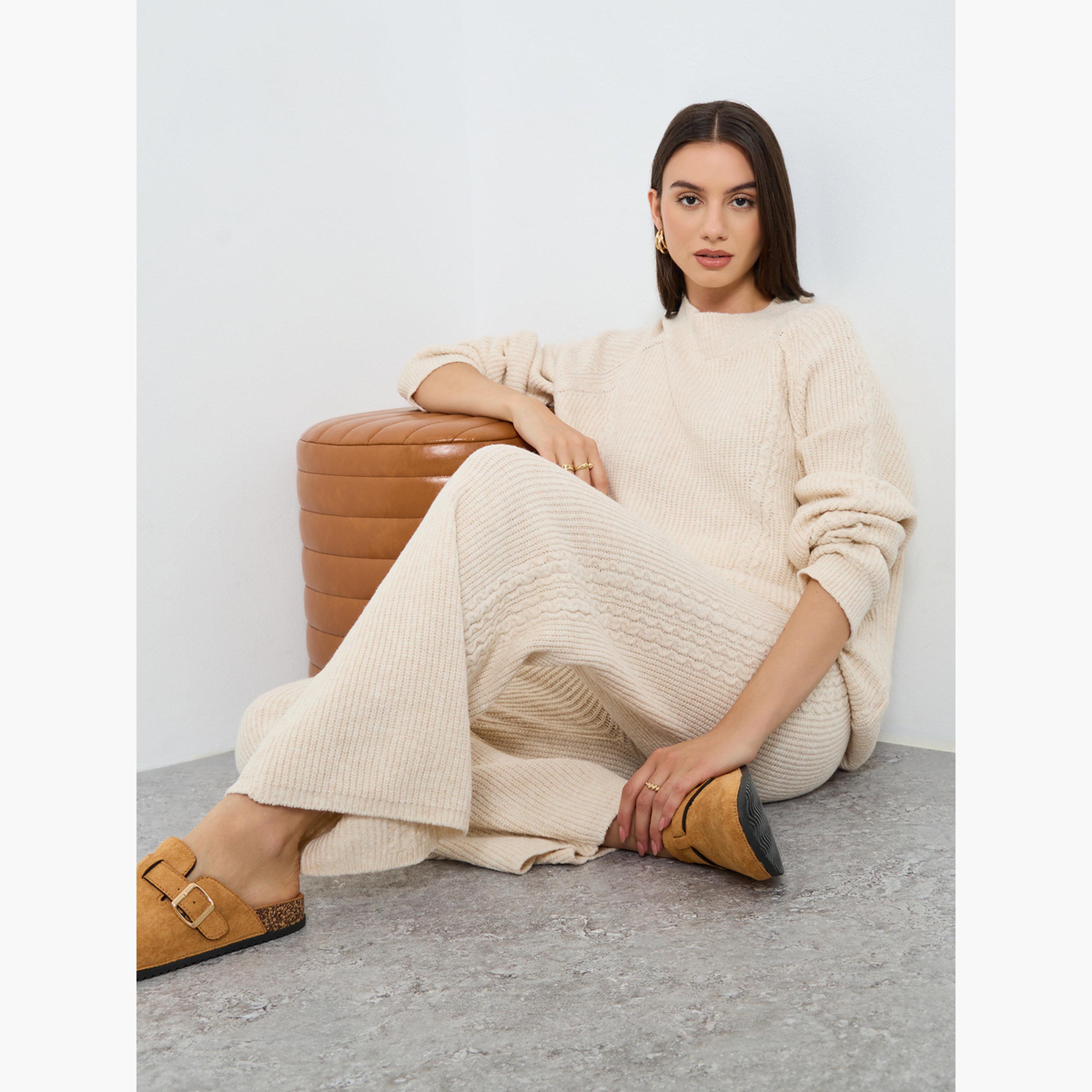 Styli Women Beige Textured Cable Knit Sweater and Pants Co-ords-women-clothing-coordsets-image-2