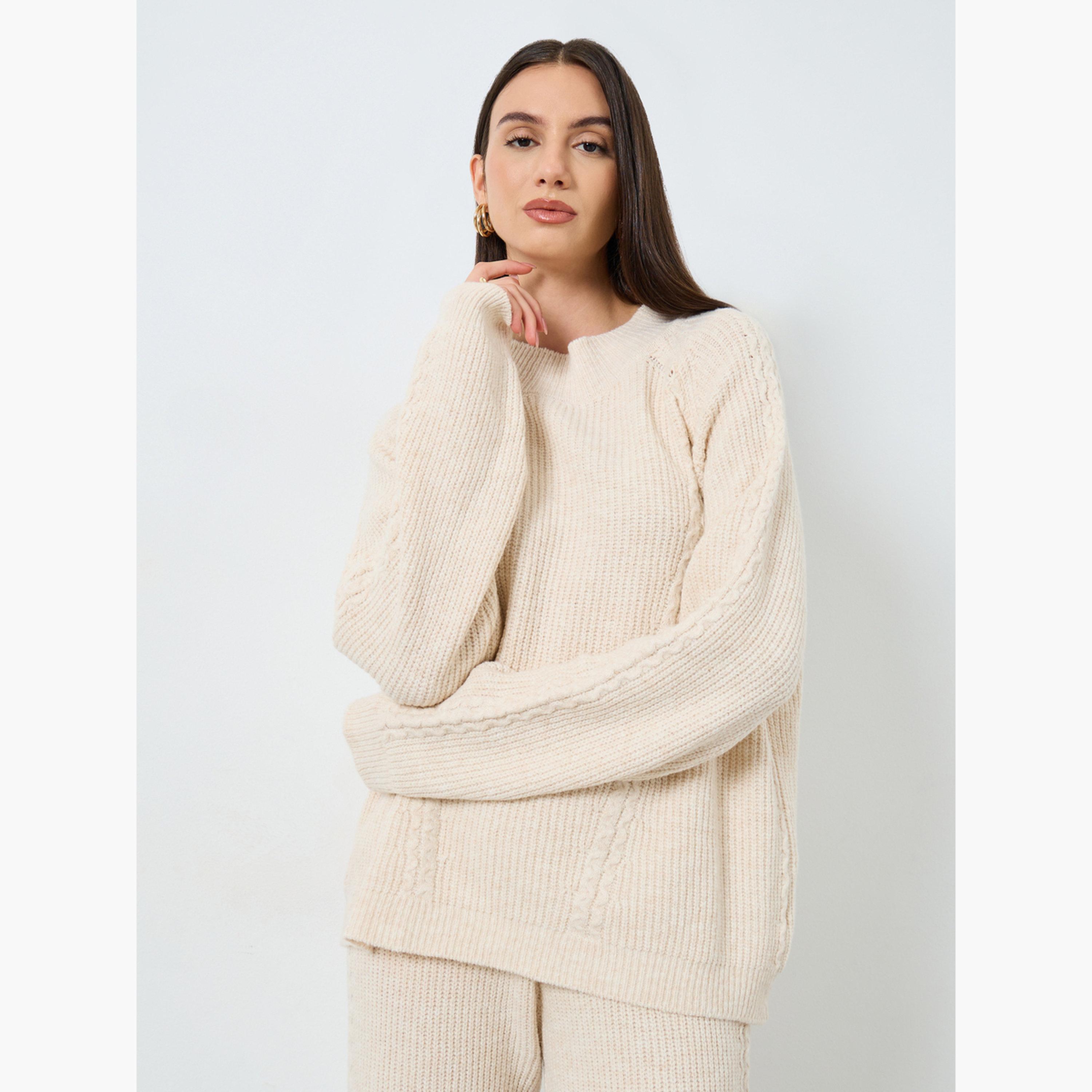 ستايلي - سترة وبنطال نسيج كابلي منسوج باللون البيج للنساء-women-clothing-coordsets-image-3