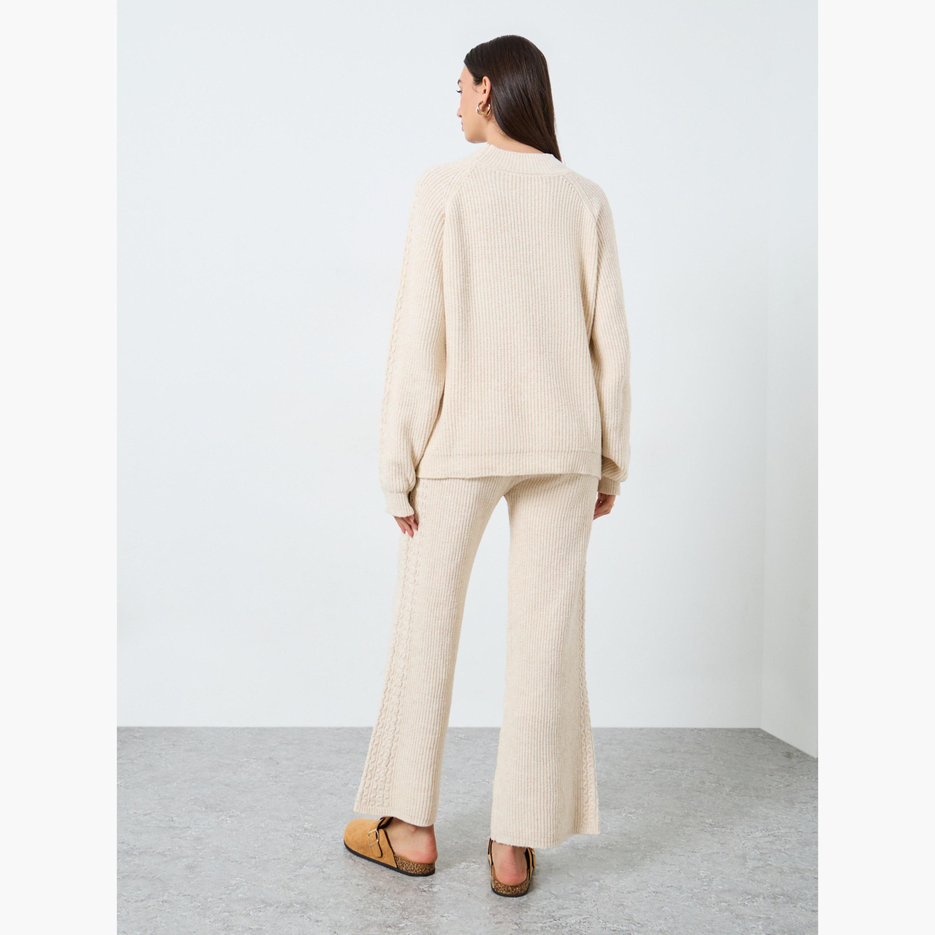 Styli Women Beige Textured Cable Knit Sweater and Pants Co-ords-women-clothing-coordsets-image-4