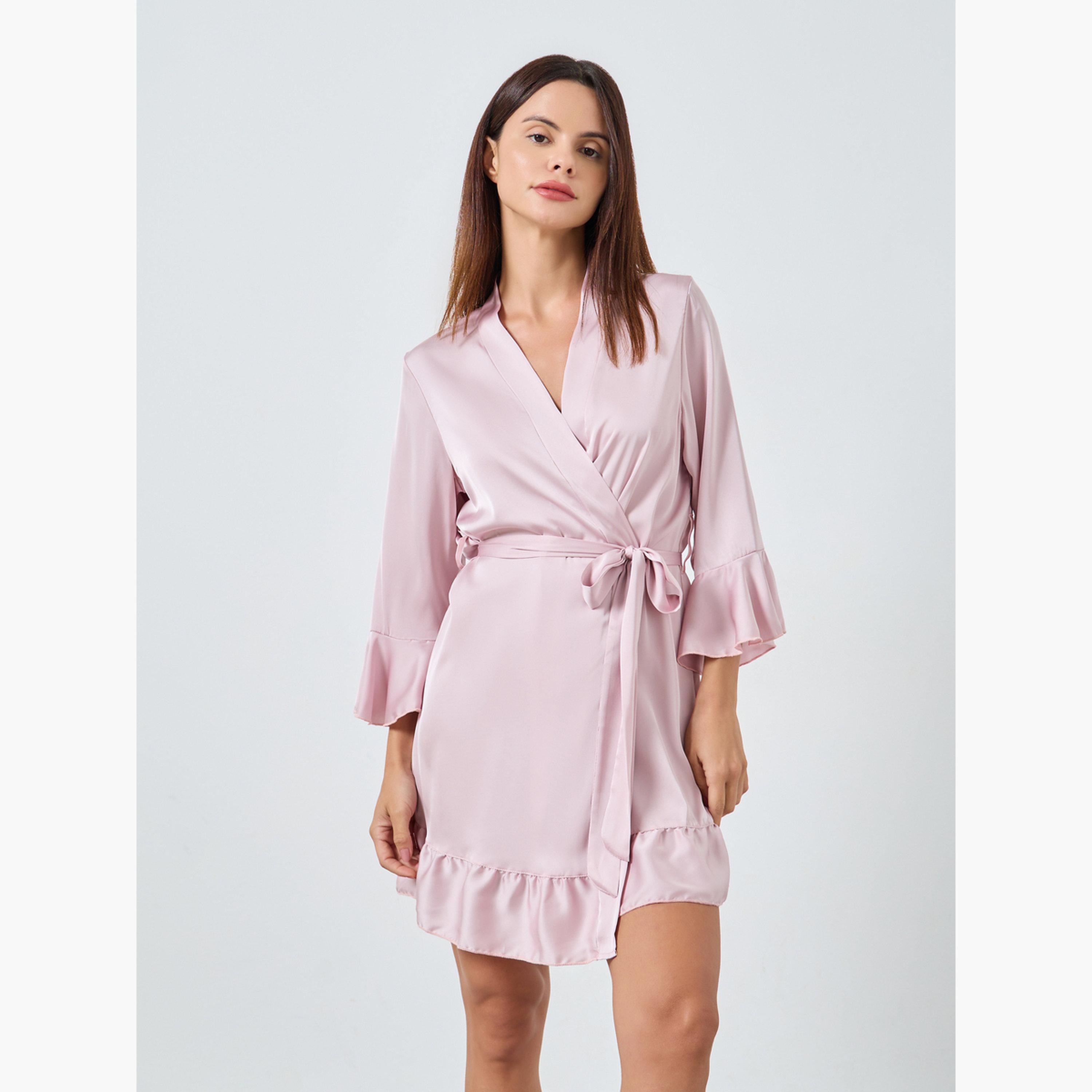 Styli Women Satin Ruffle Detail Robe-women-clothing-nightwear-robes-image-1