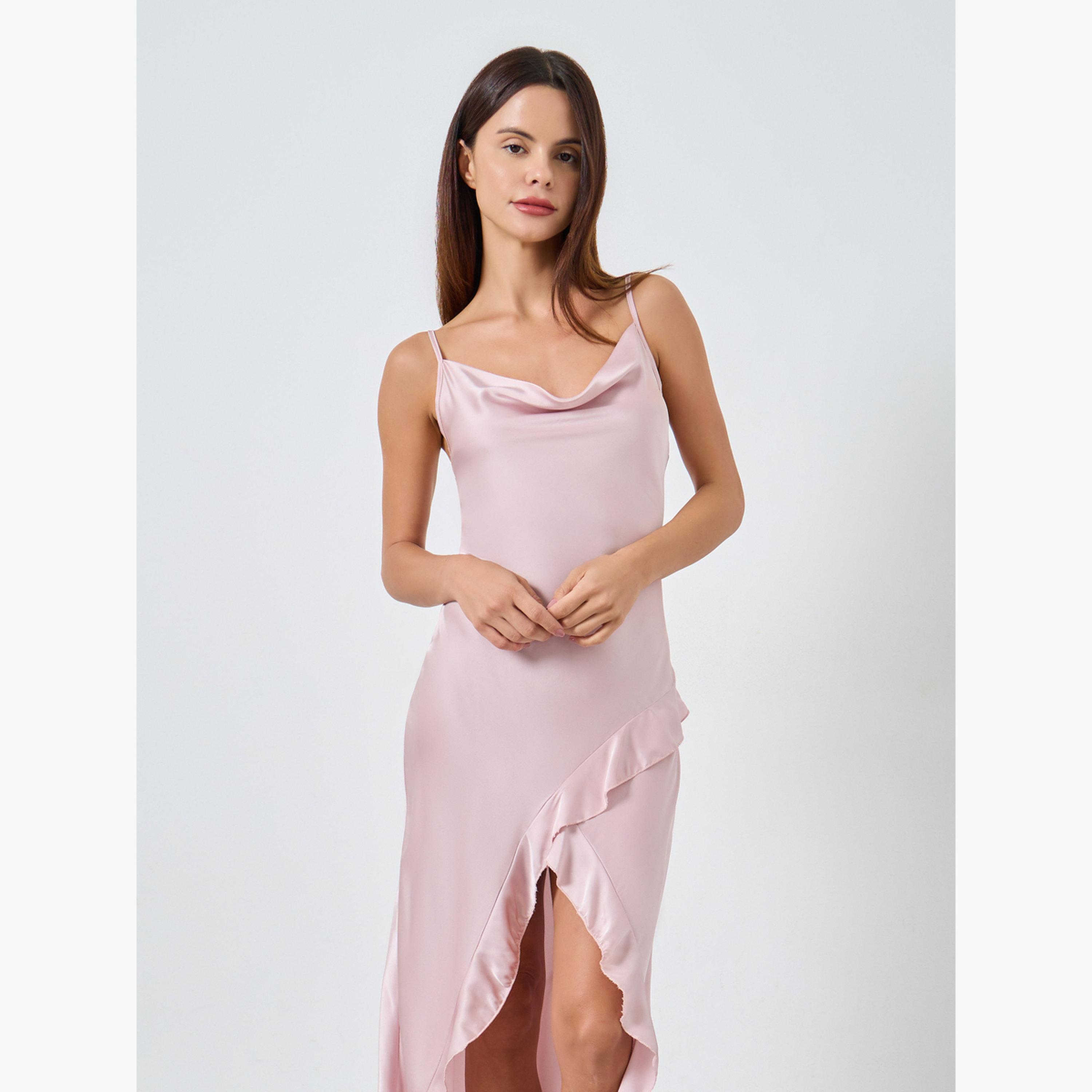 Styli Satin Cowl Neck Thigh High Slit Slip Dress-women-clothing-nightwear-nighties-image-2