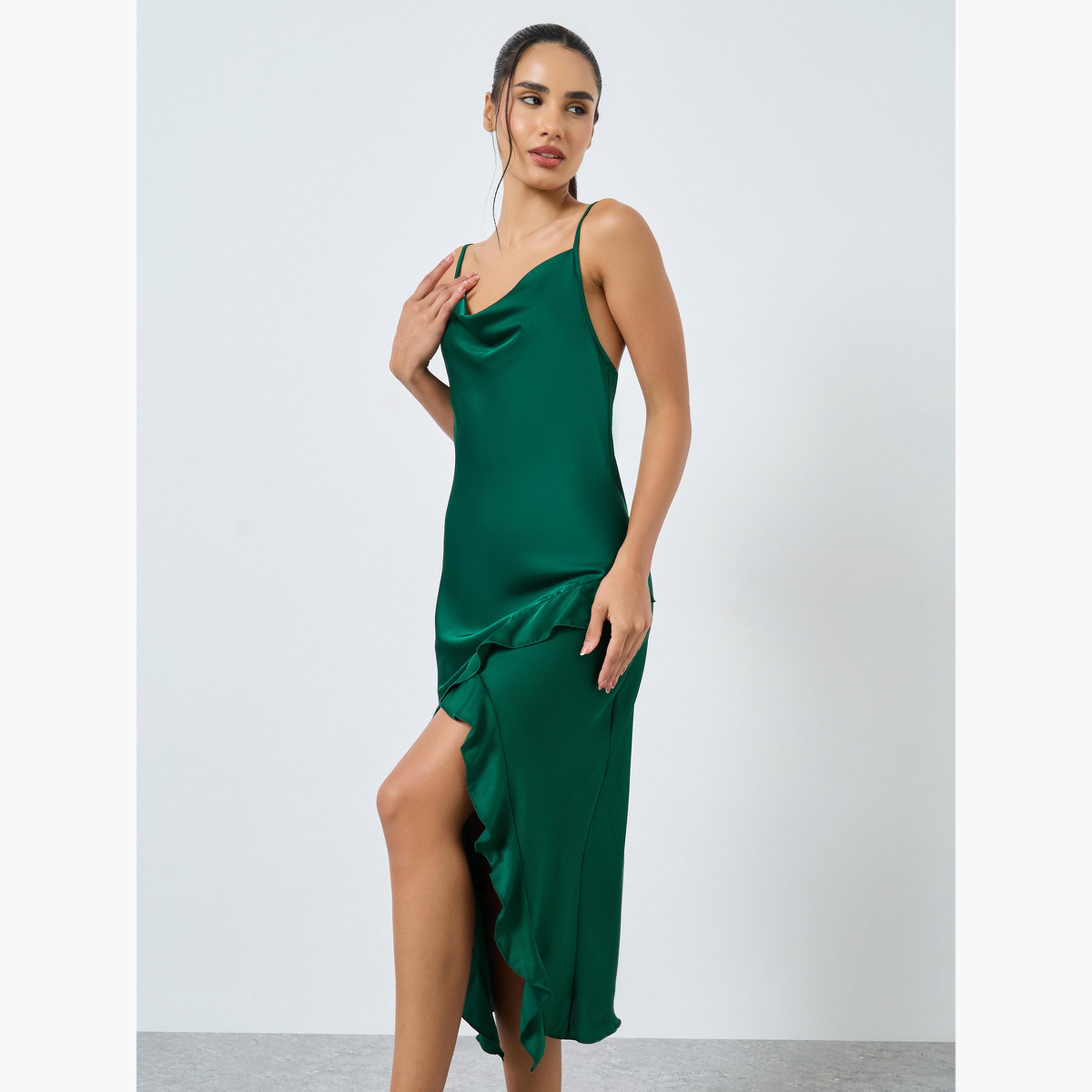 Styli Satin Cowl Neck Thigh High Slit Slip Dress-women-clothing-nightwear-nighties-image-2