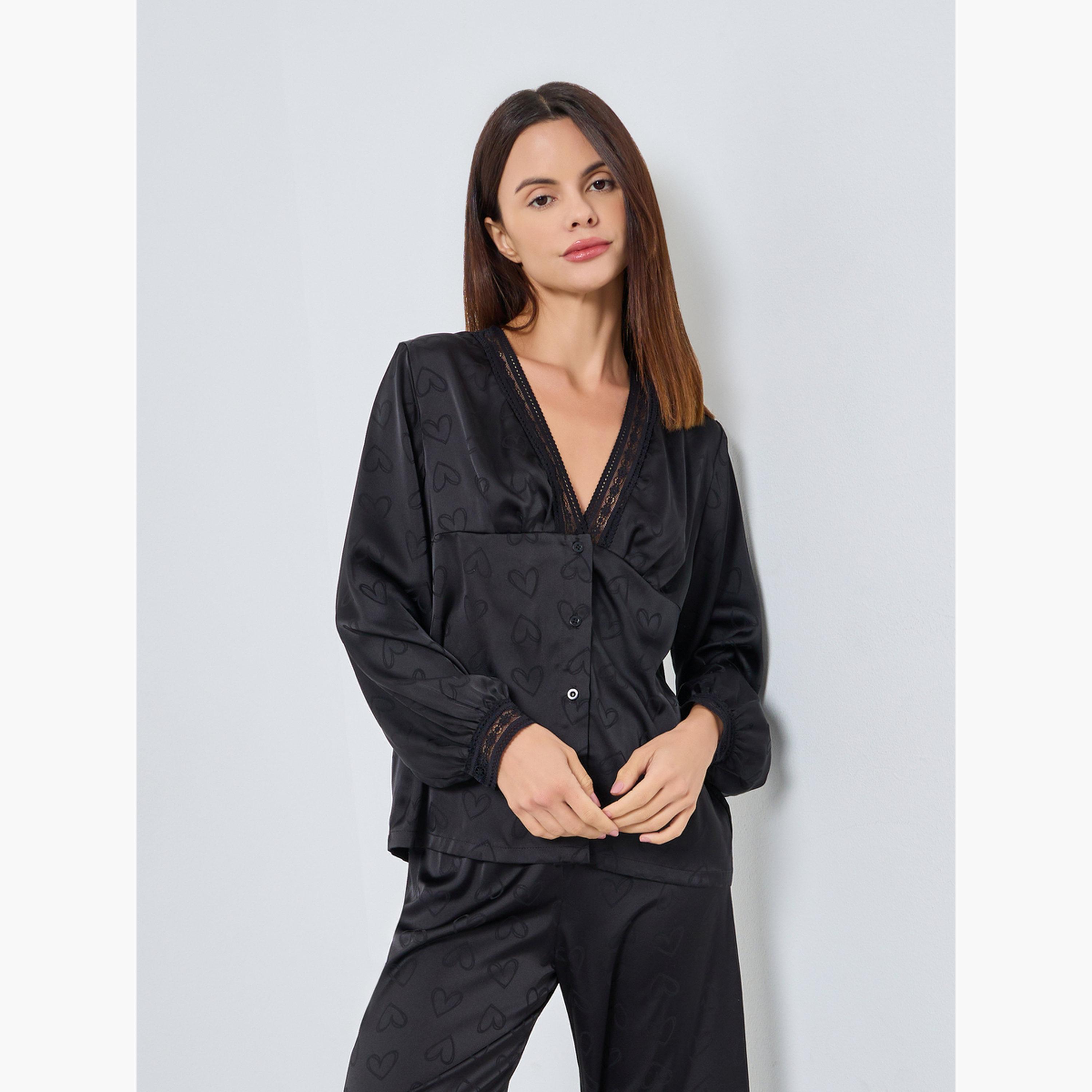 ستايلي - بيجاما قميص جاكار بنقشة قلب من الساتان للنساء-women-clothing-nightwear-pyjamas-longsets-image-2
