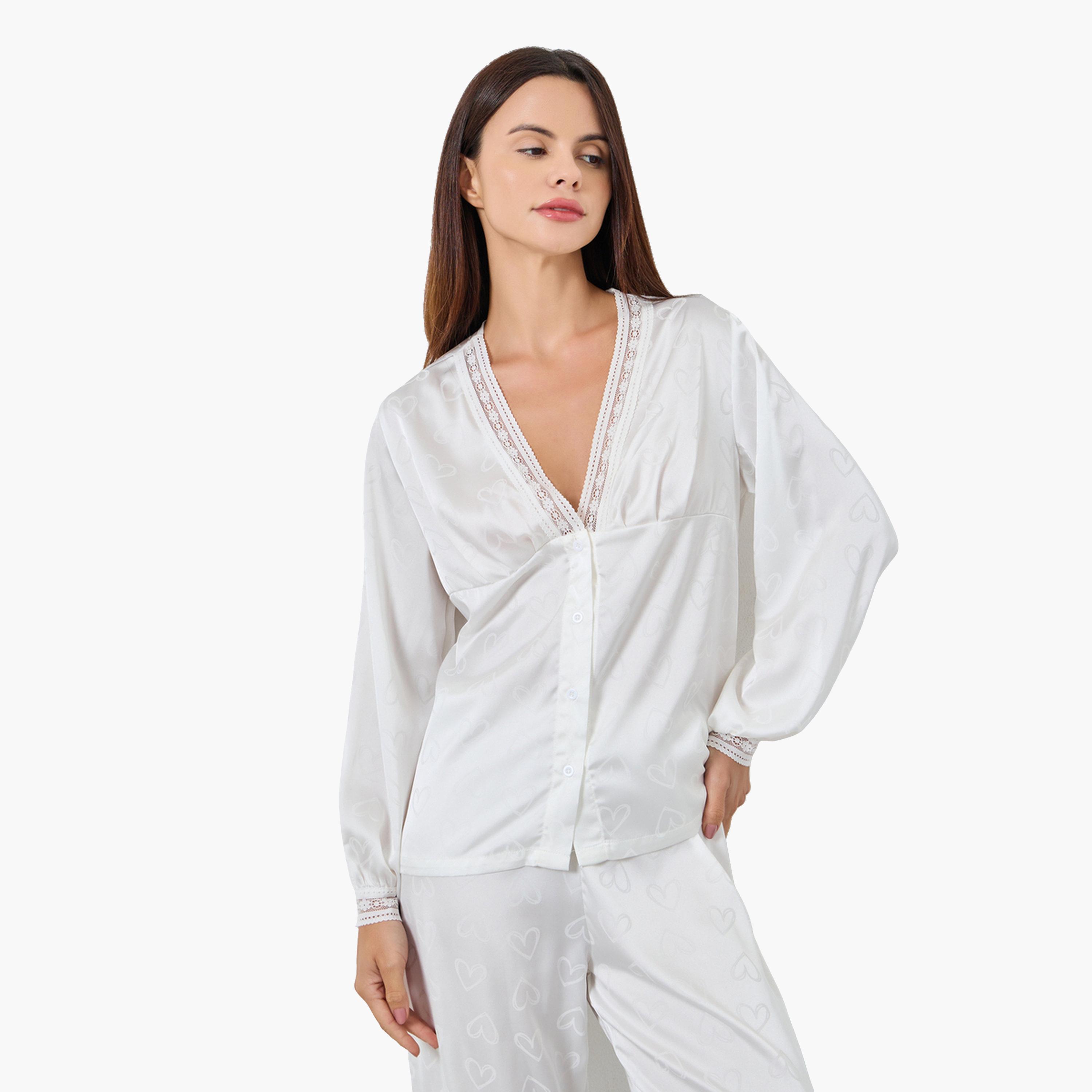 ستايلي - بيجاما قميص جاكار بنقشة قلب من الساتان للنساء-women-clothing-nightwear-pyjamas-longsets-image-3