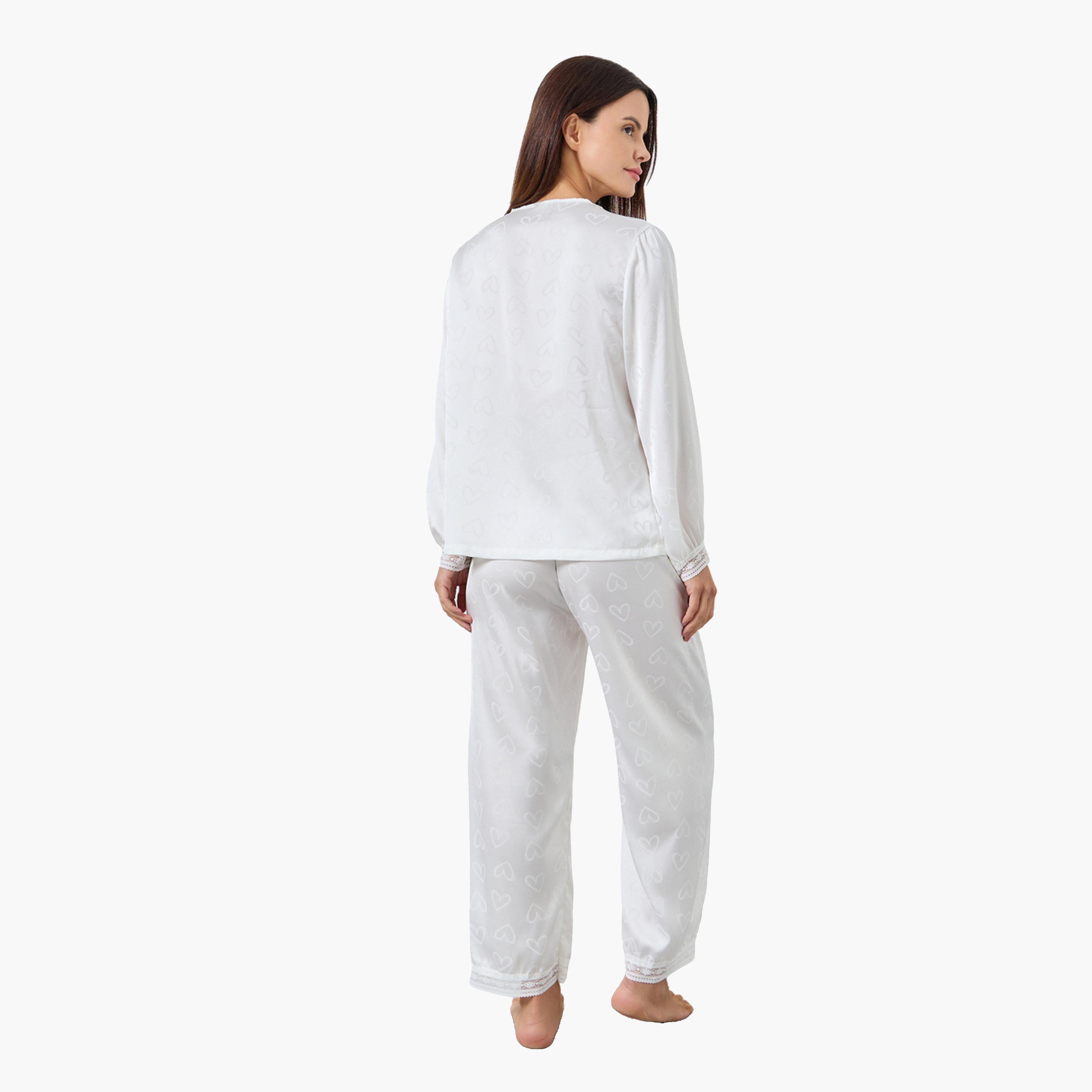 ستايلي - بيجاما قميص جاكار بنقشة قلب من الساتان للنساء-women-clothing-nightwear-pyjamas-longsets-image-4