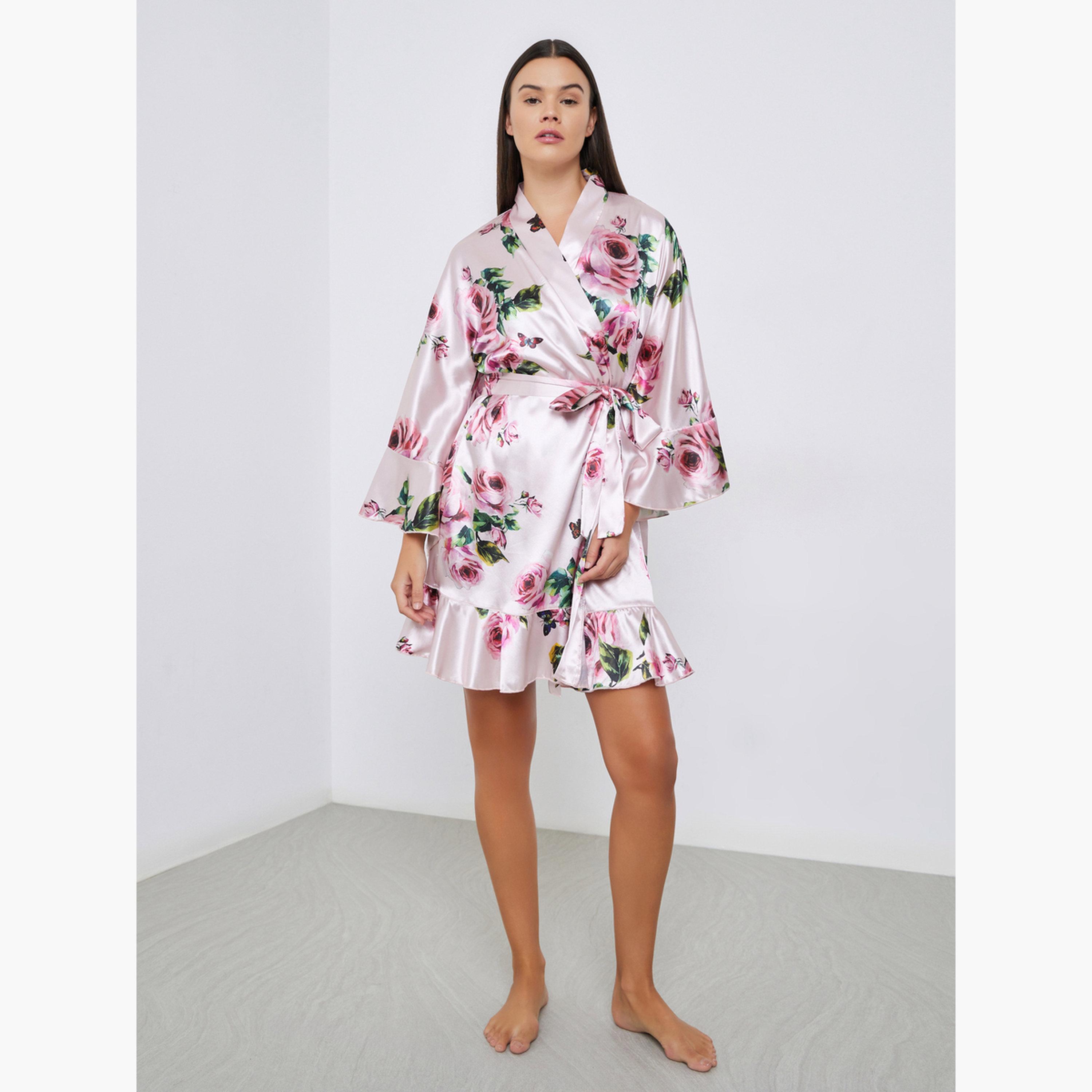 Styli Floral Print Ruffle Detail Satin Robe-women-clothing-nightwear-robes-image-1