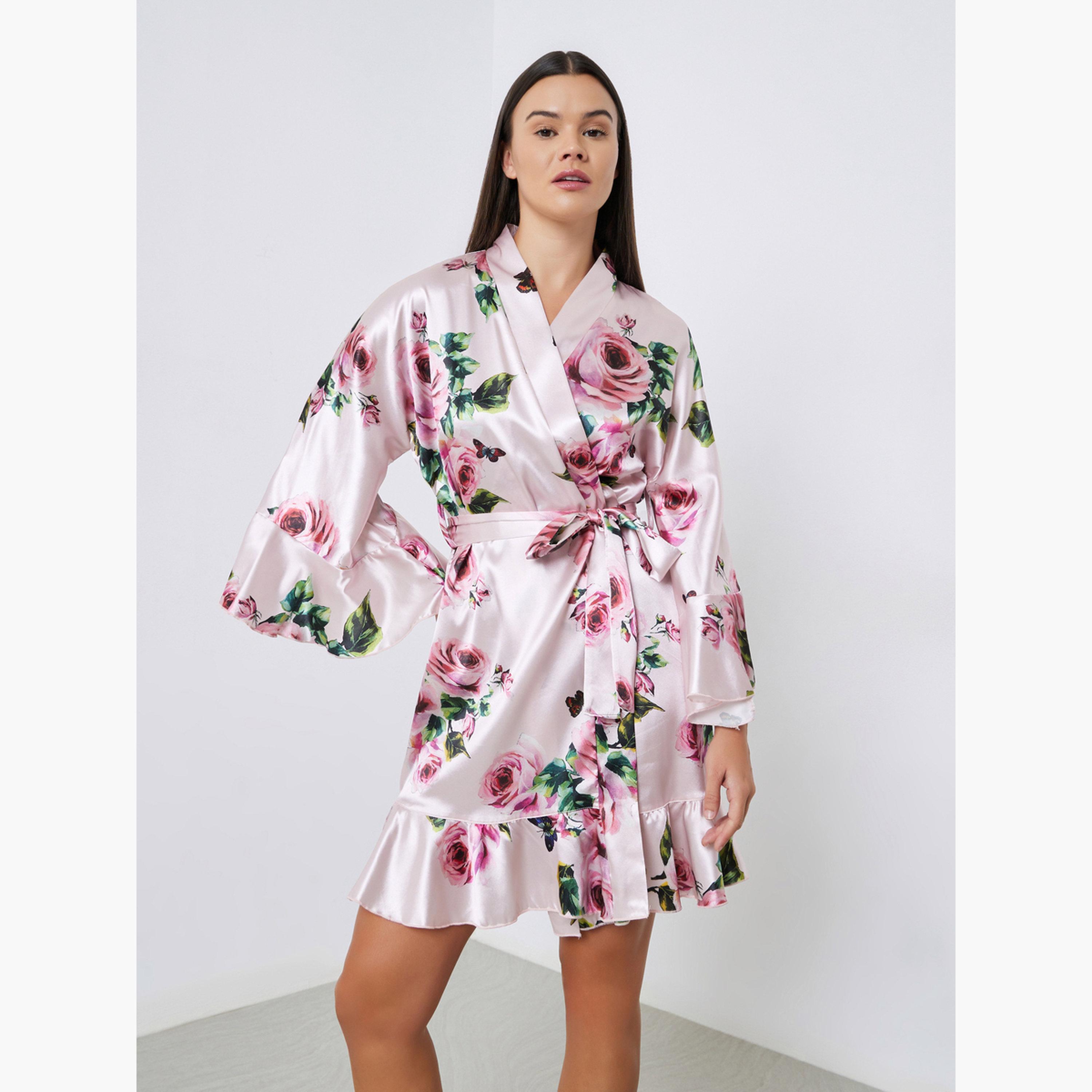 Styli Floral Print Ruffle Detail Satin Robe-women-clothing-nightwear-robes-image-2
