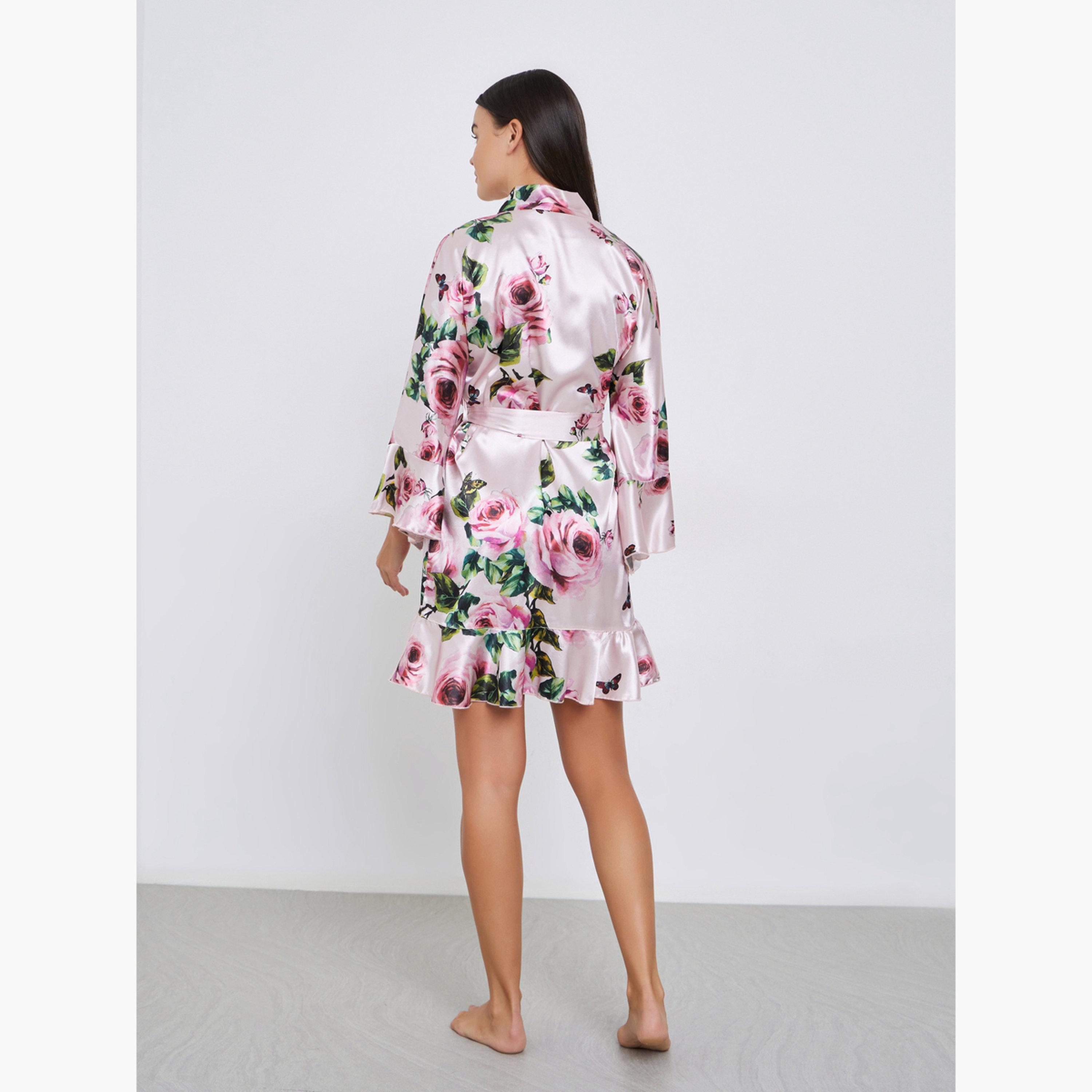 Styli Floral Print Ruffle Detail Satin Robe-women-clothing-nightwear-robes-image-3