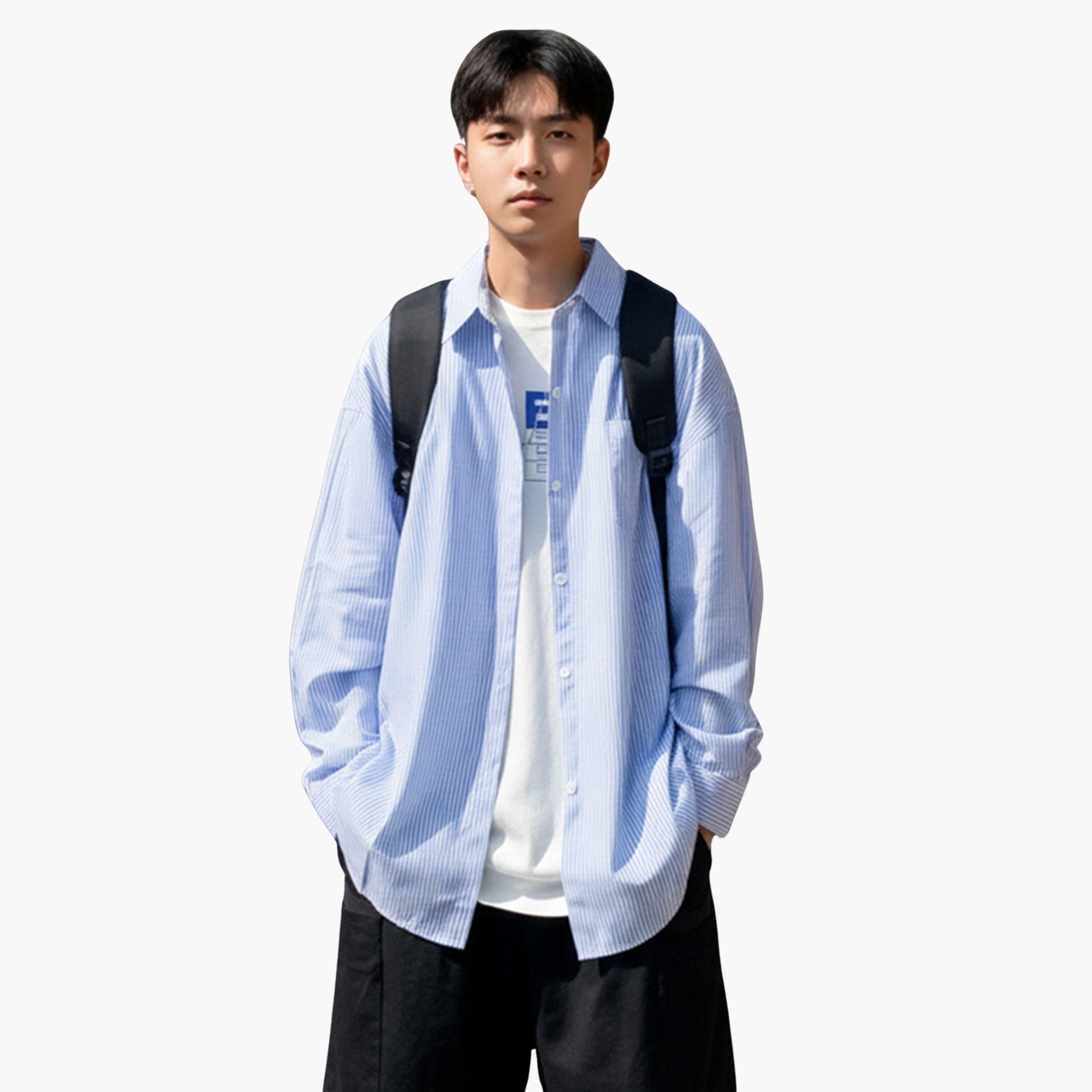 تيك تو - قميص رجالي مخطط أزرق حجم كبير-men-clothing-shirts-image-1