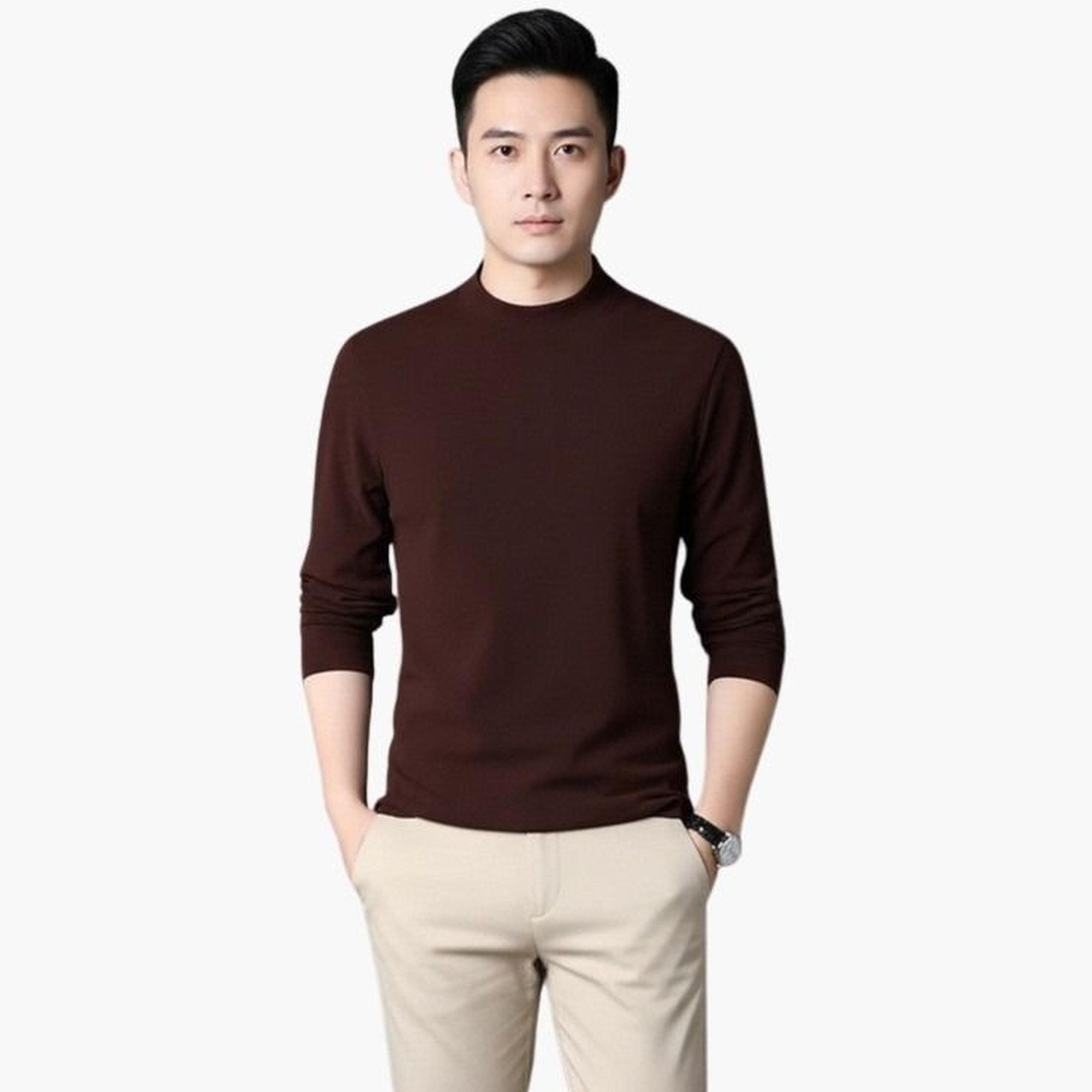 تيك تو - تي شيرت بني محبوك بأكمام طويلة للرجال-men-clothing-tshirtsandpolos-tshirts-image-1