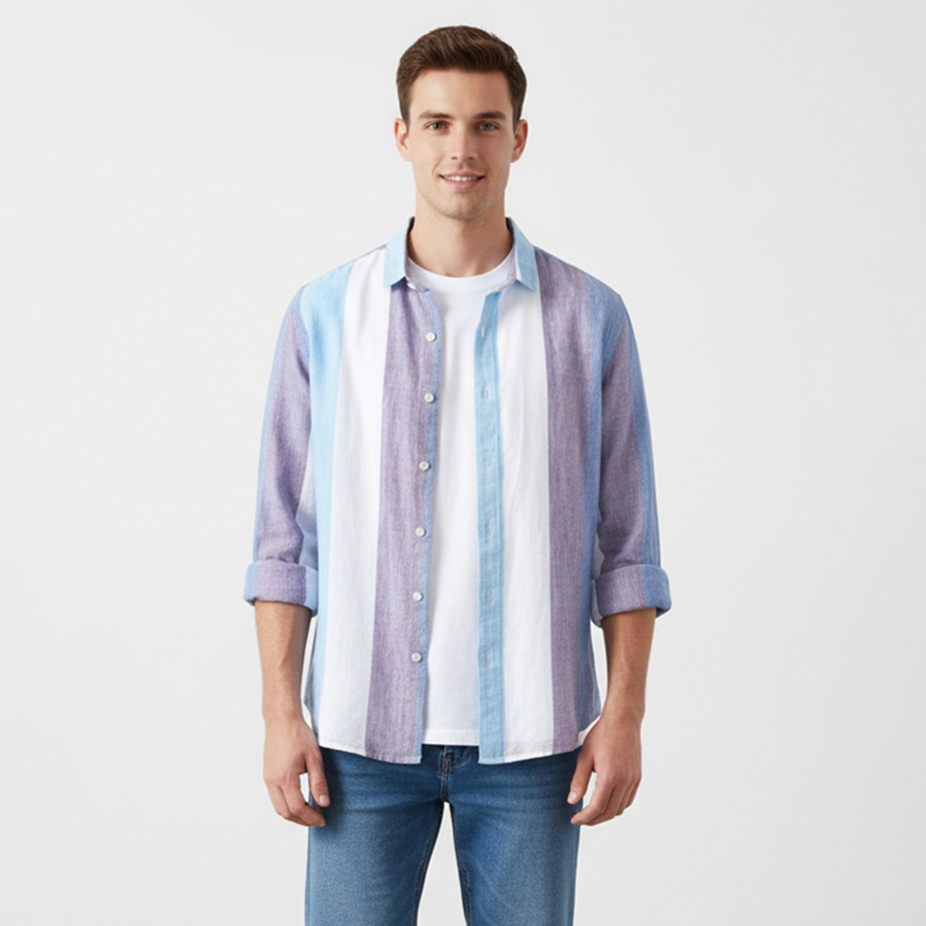 تيك تو - قميص رجالي مخطط أزرق كاجوال-men-clothing-shirts-image-1