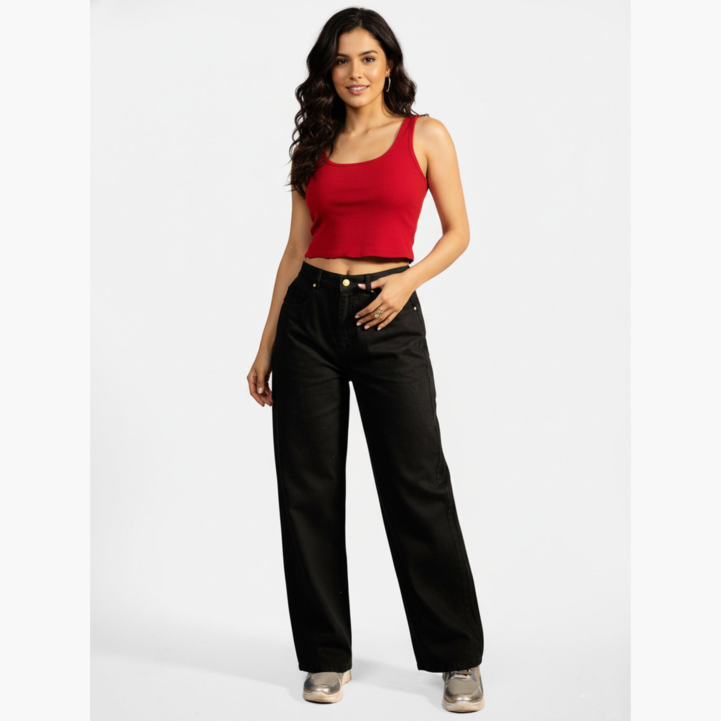 تيك تو - بنطال جينز أسود متوسط ​​الارتفاع بقصة عادية-women-clothing-bottoms-jeans-image-2