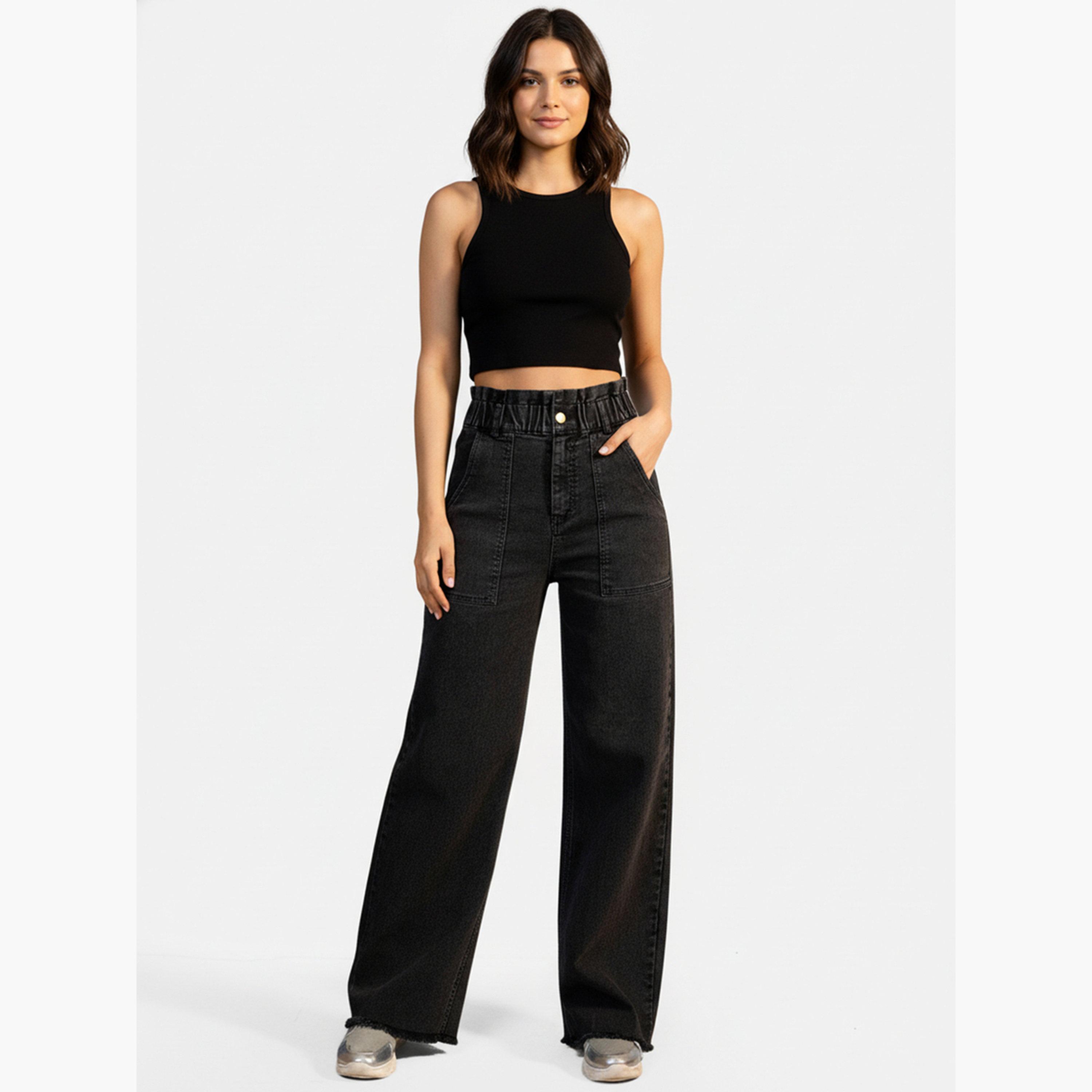 تيك تو - بنطال جينز أسود متوسط ​​الارتفاع وواسع الساق-women-clothing-bottoms-jeans-image-2