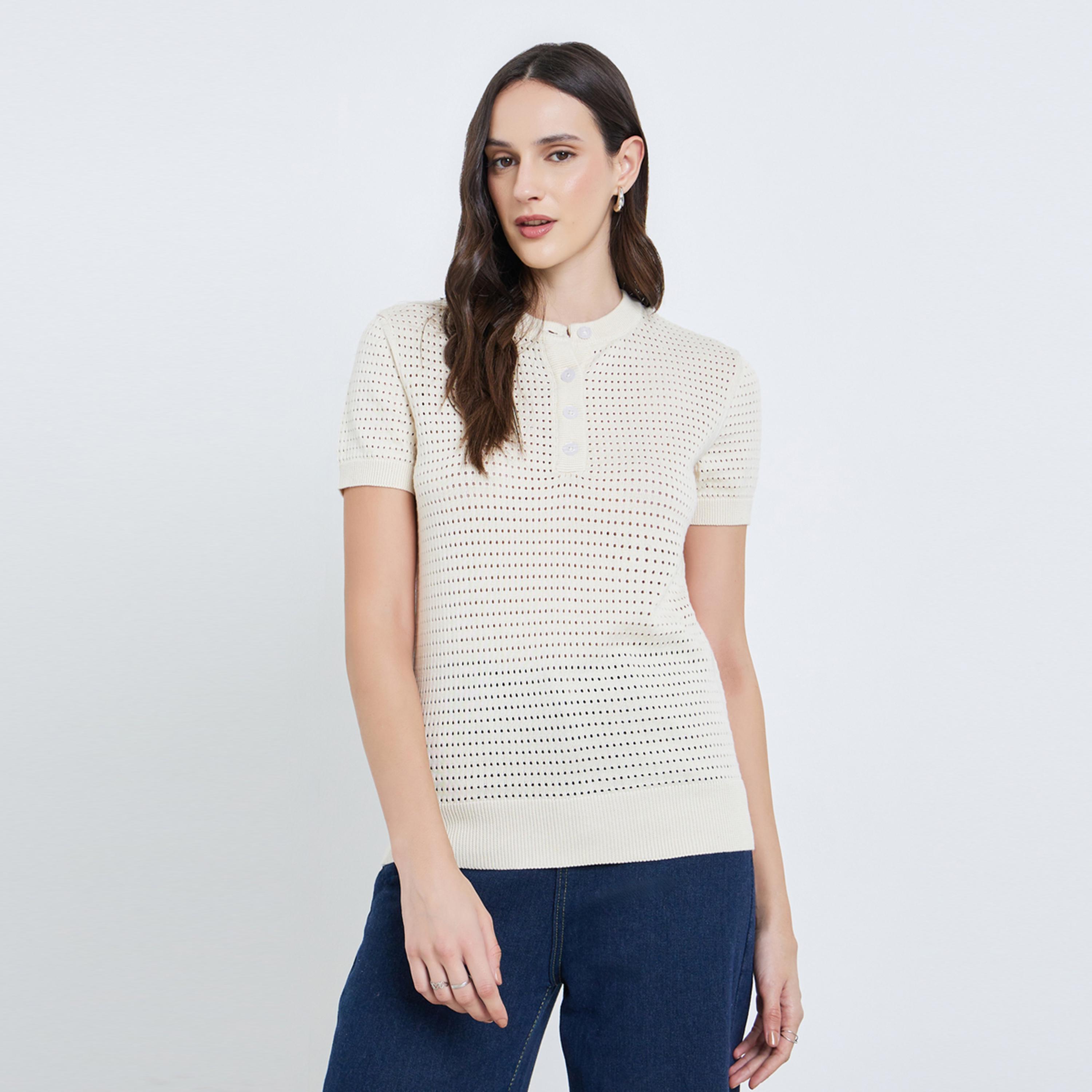 بلوزة قطن 100% محبوكة بنمط كروشيه-women-clothing-tshirts-image-1