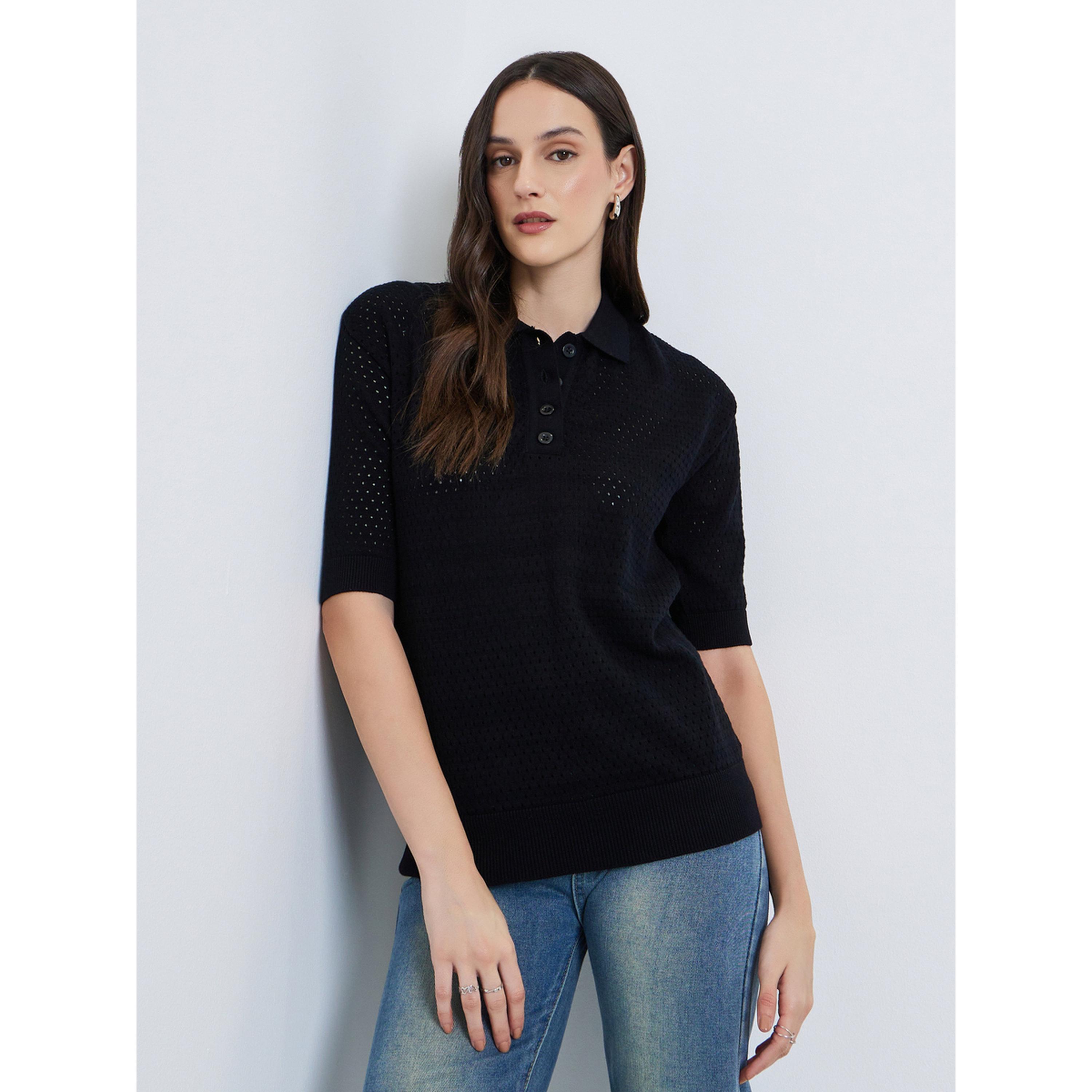 تيشيرت بولو محبوك بنمط كروشيه-women-clothing-tshirts-image-1
