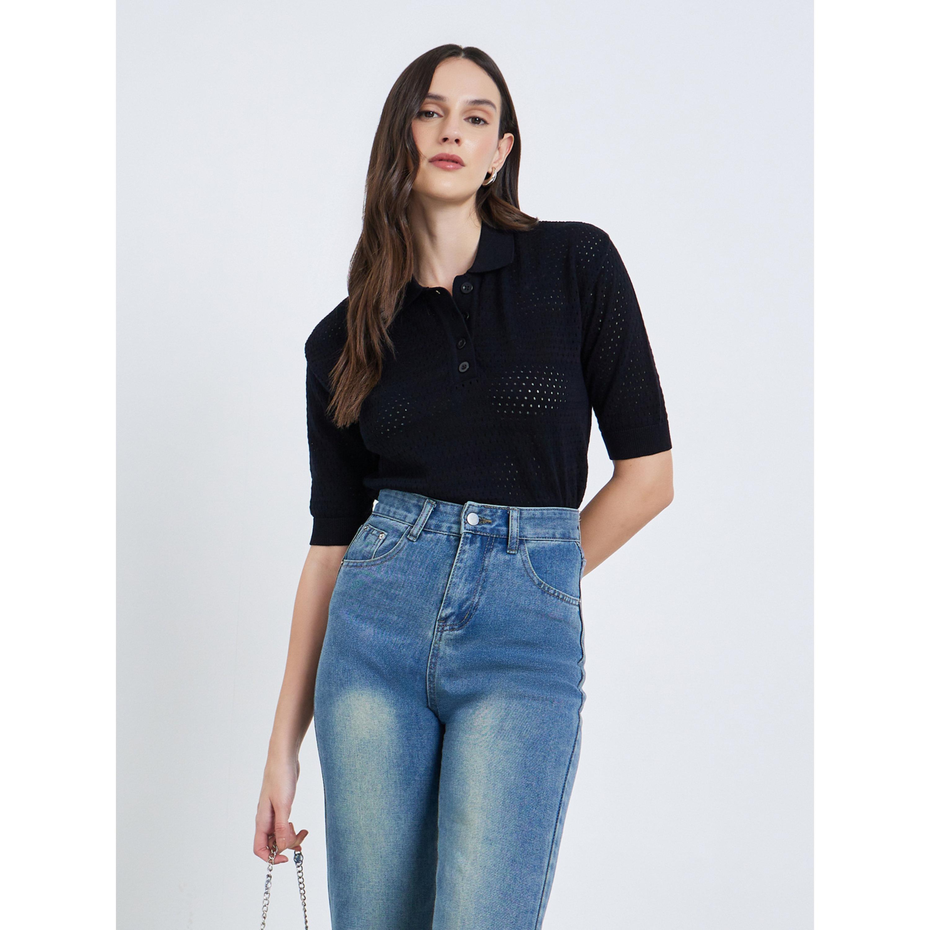 تيشيرت بولو محبوك بنمط كروشيه-women-clothing-tshirts-image-3