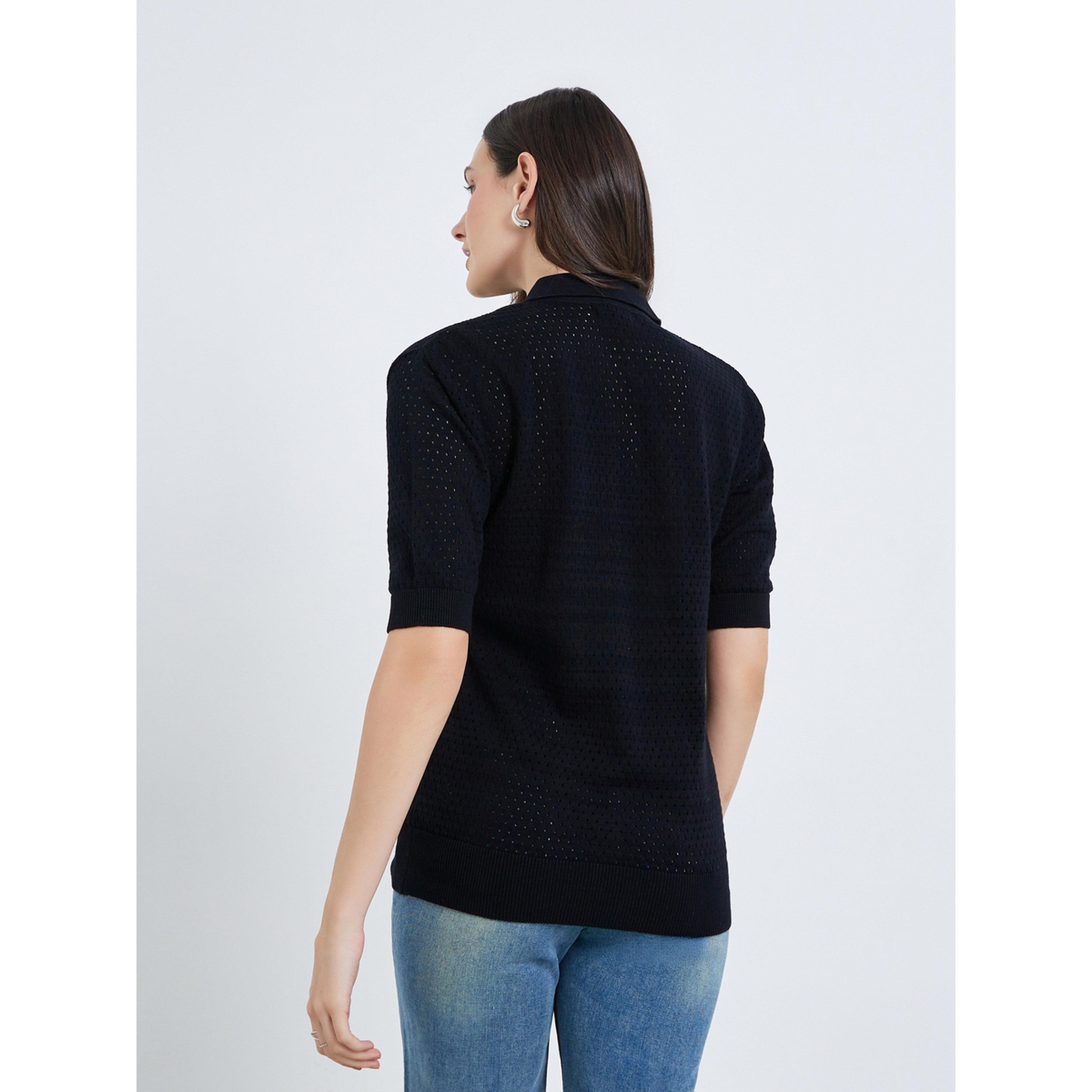 تيشيرت بولو محبوك بنمط كروشيه-women-clothing-tshirts-image-4