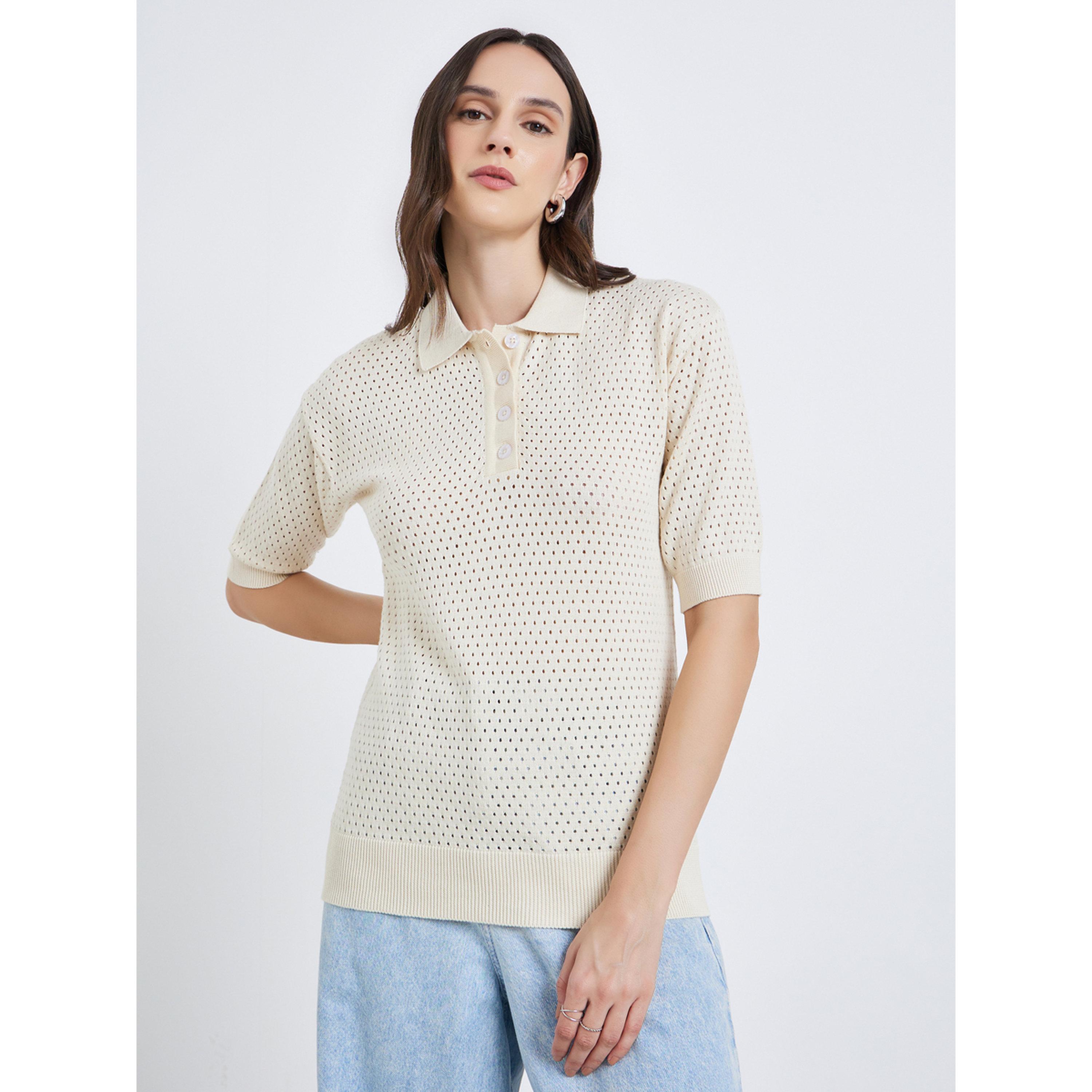 Styli Women Crochet Look Flat Knit Polo T-Shirt-women-clothing-tshirts-image-1