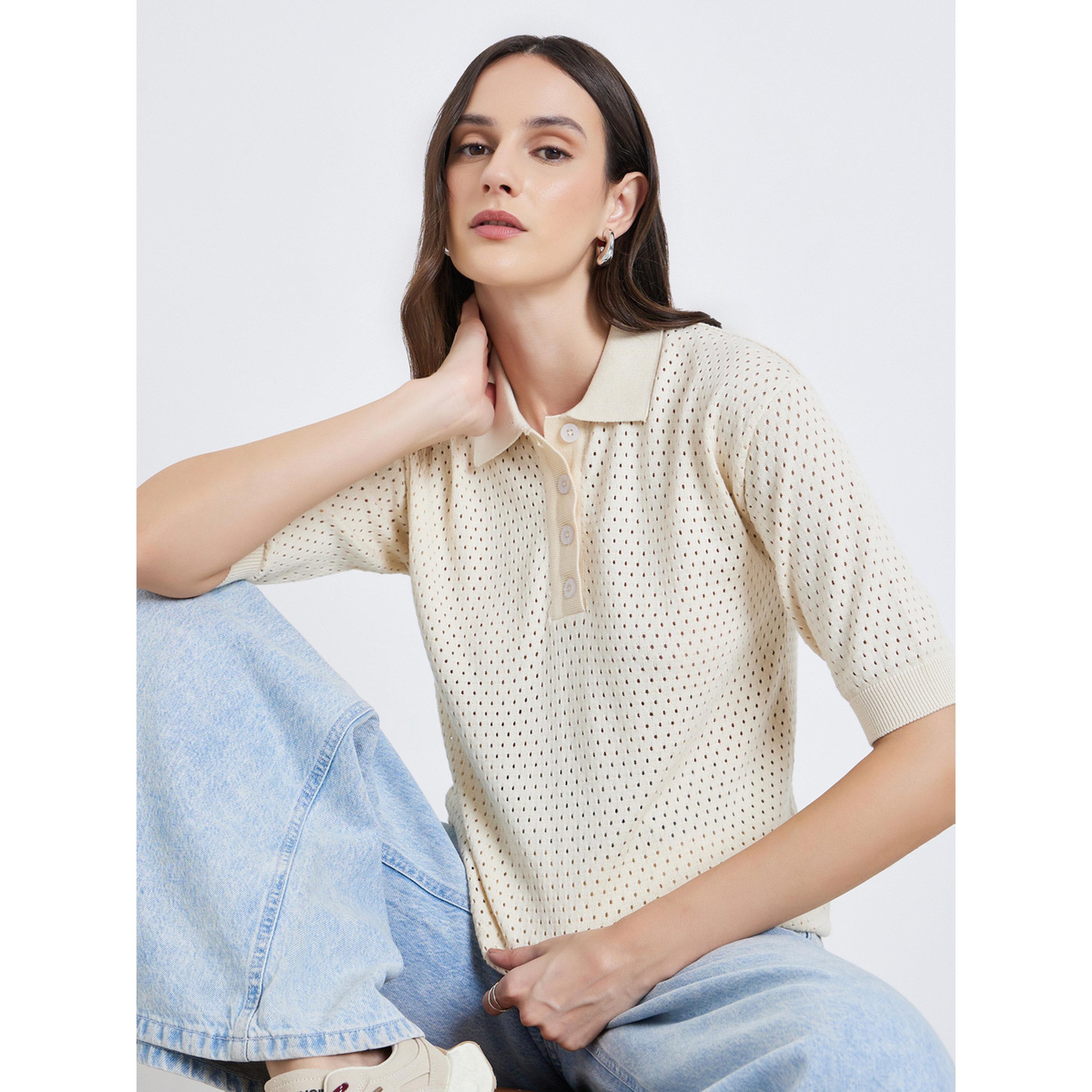 Styli Women Crochet Look Flat Knit Polo T-Shirt-women-clothing-tshirts-image-3
