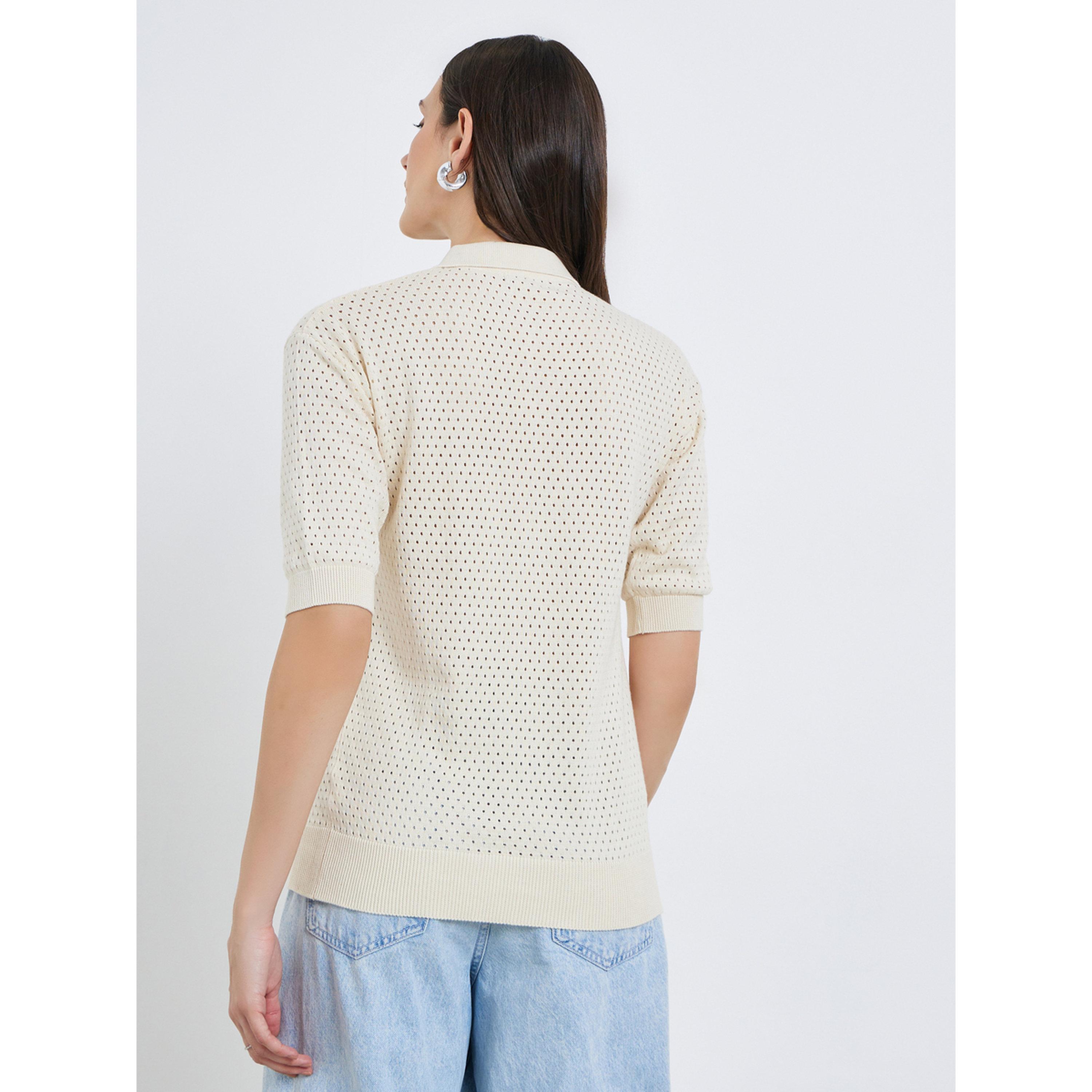 تيشيرت بولو محبوك بنمط كروشيه-women-clothing-tshirts-image-4