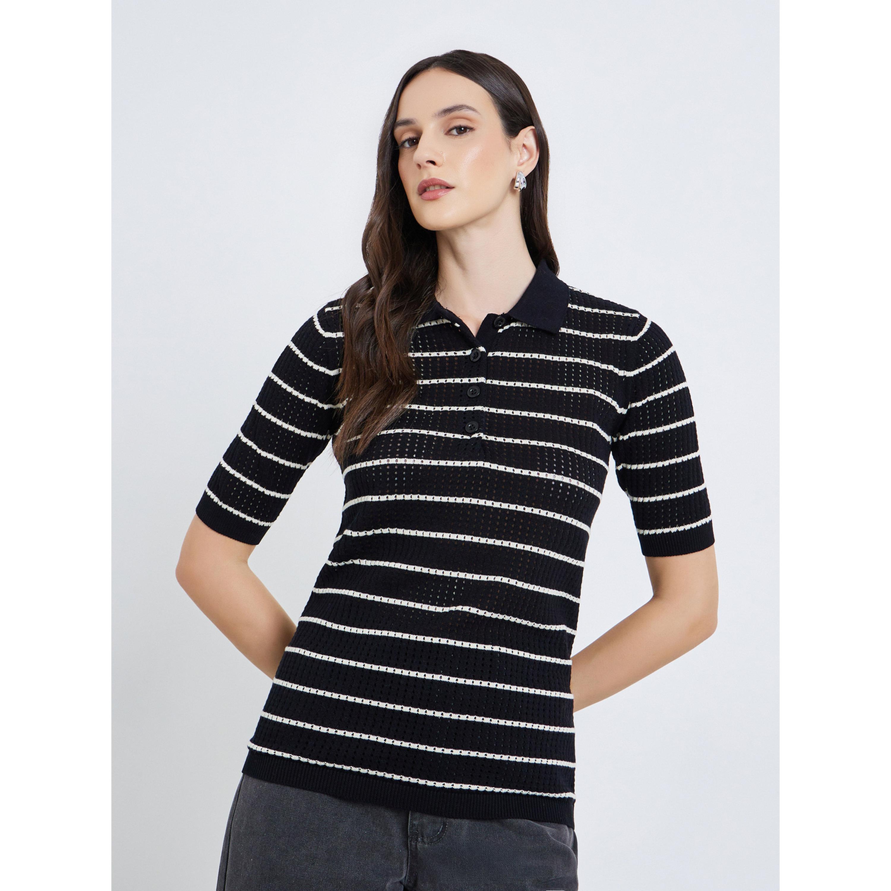 Styli Women Striped Flat Knit 100% Cotton Polo T-Shirt-women-clothing-tshirts-image-1