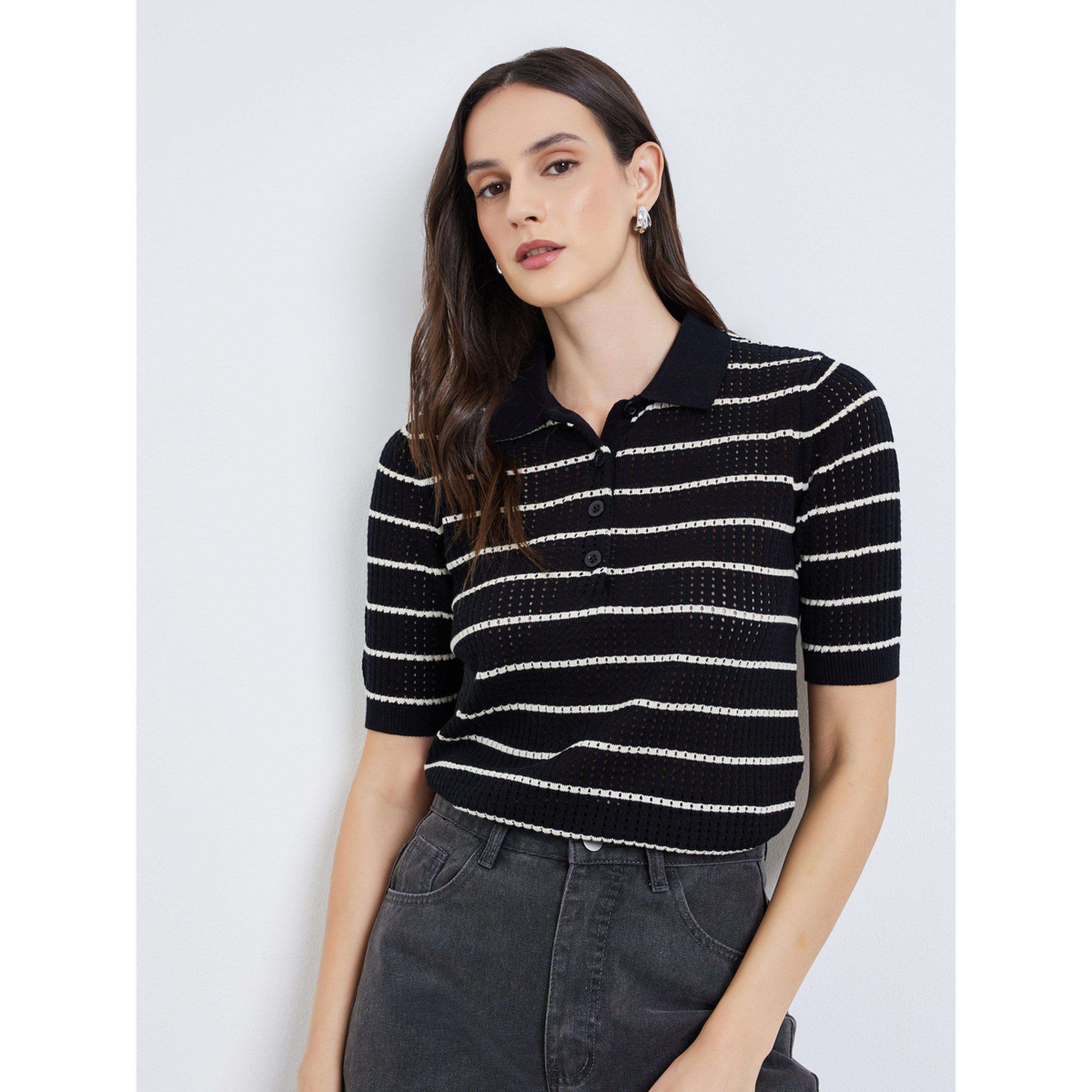 Styli Women Striped Flat Knit 100% Cotton Polo T-Shirt-women-clothing-tshirts-image-3
