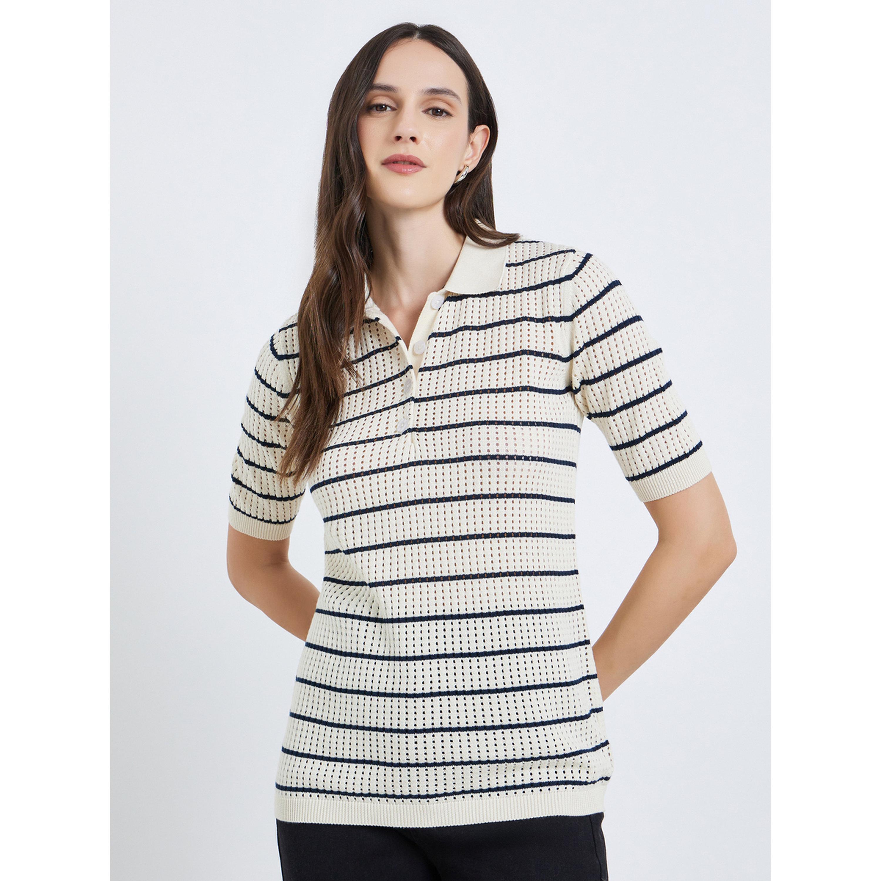 تيشيرت بولو قطن 100% محبوك ومخطط-women-clothing-tshirts-image-1