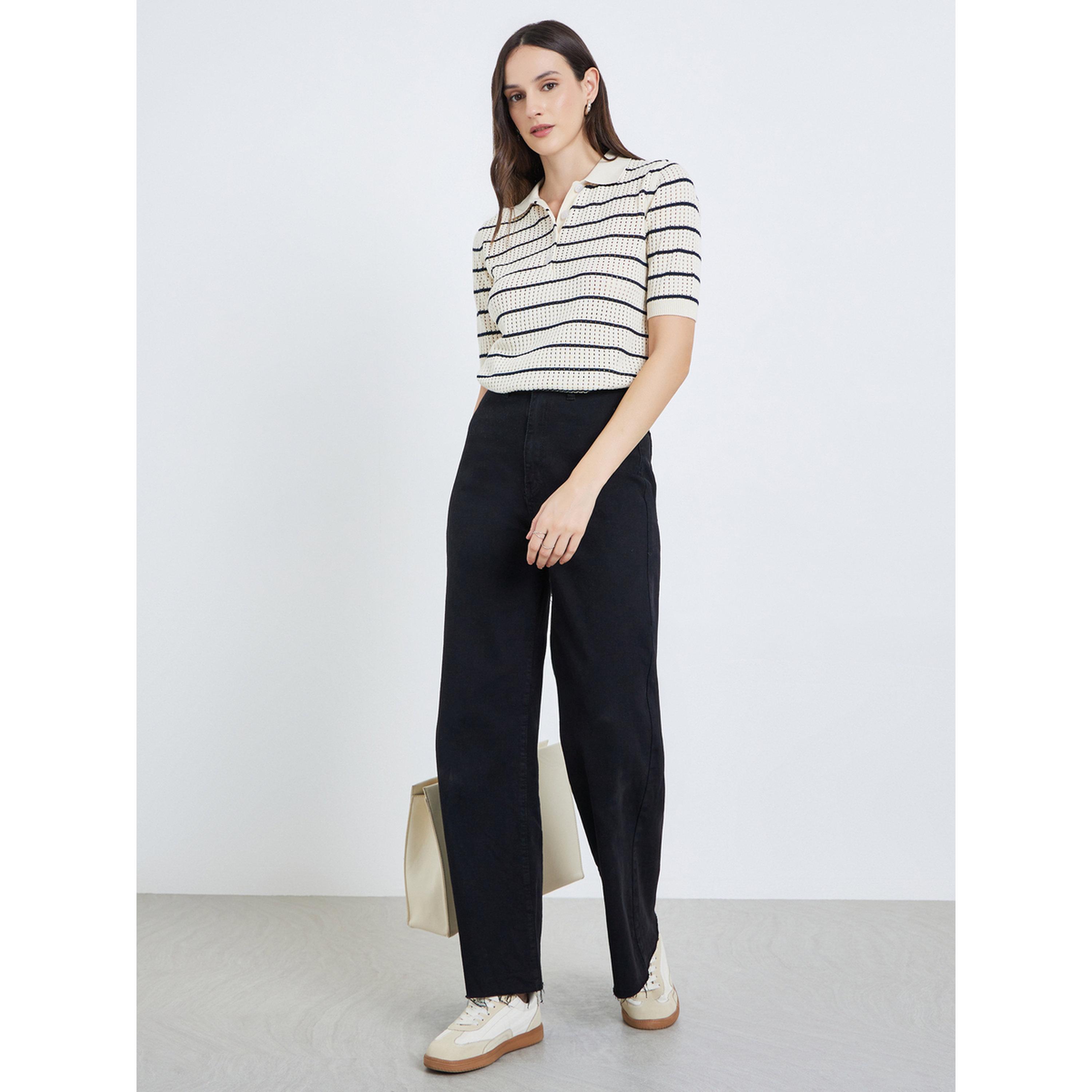 Styli Women Striped Flat Knit 100% Cotton Polo T-Shirt-women-clothing-tshirts-image-2