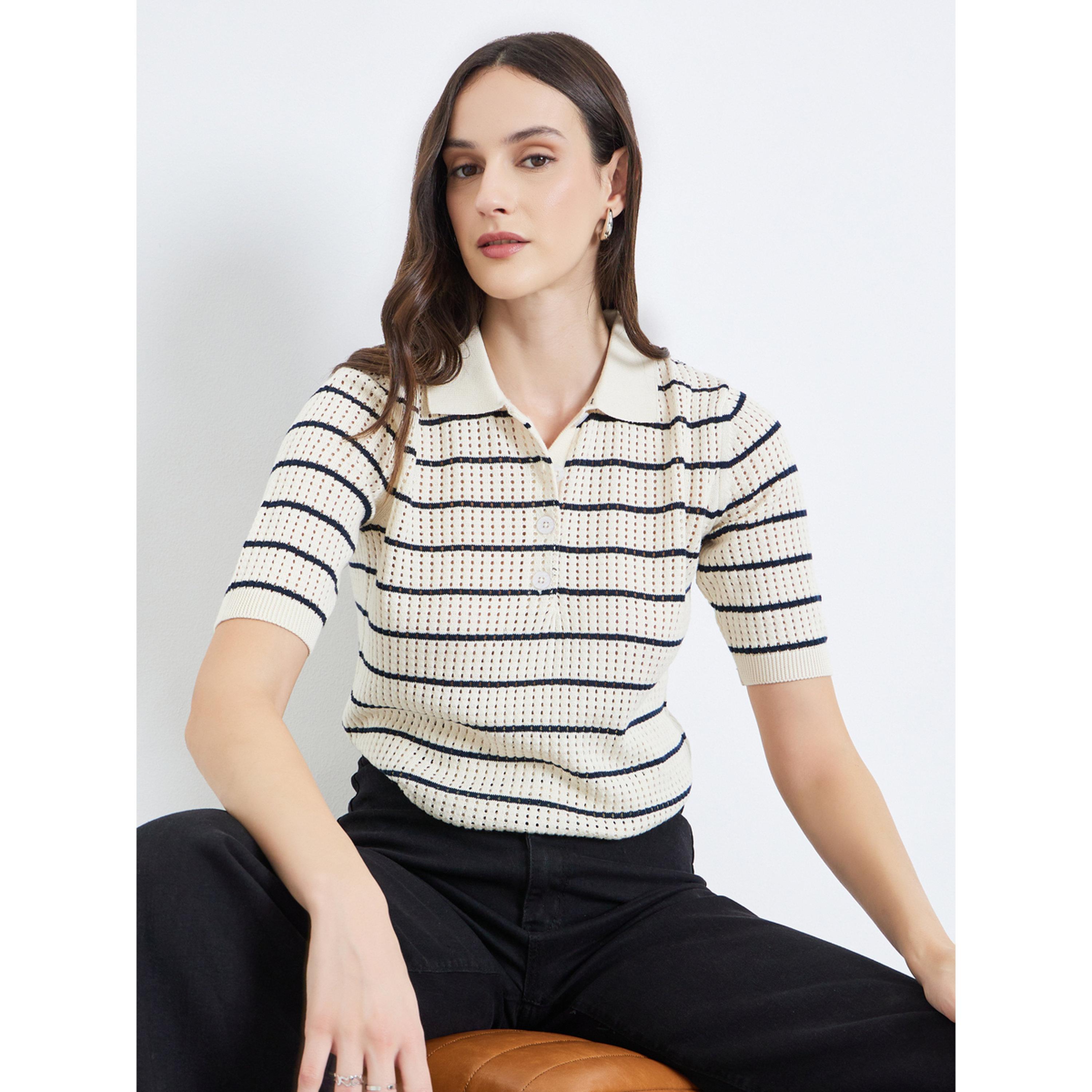 Styli Women Striped Flat Knit 100% Cotton Polo T-Shirt-women-clothing-tshirts-image-3