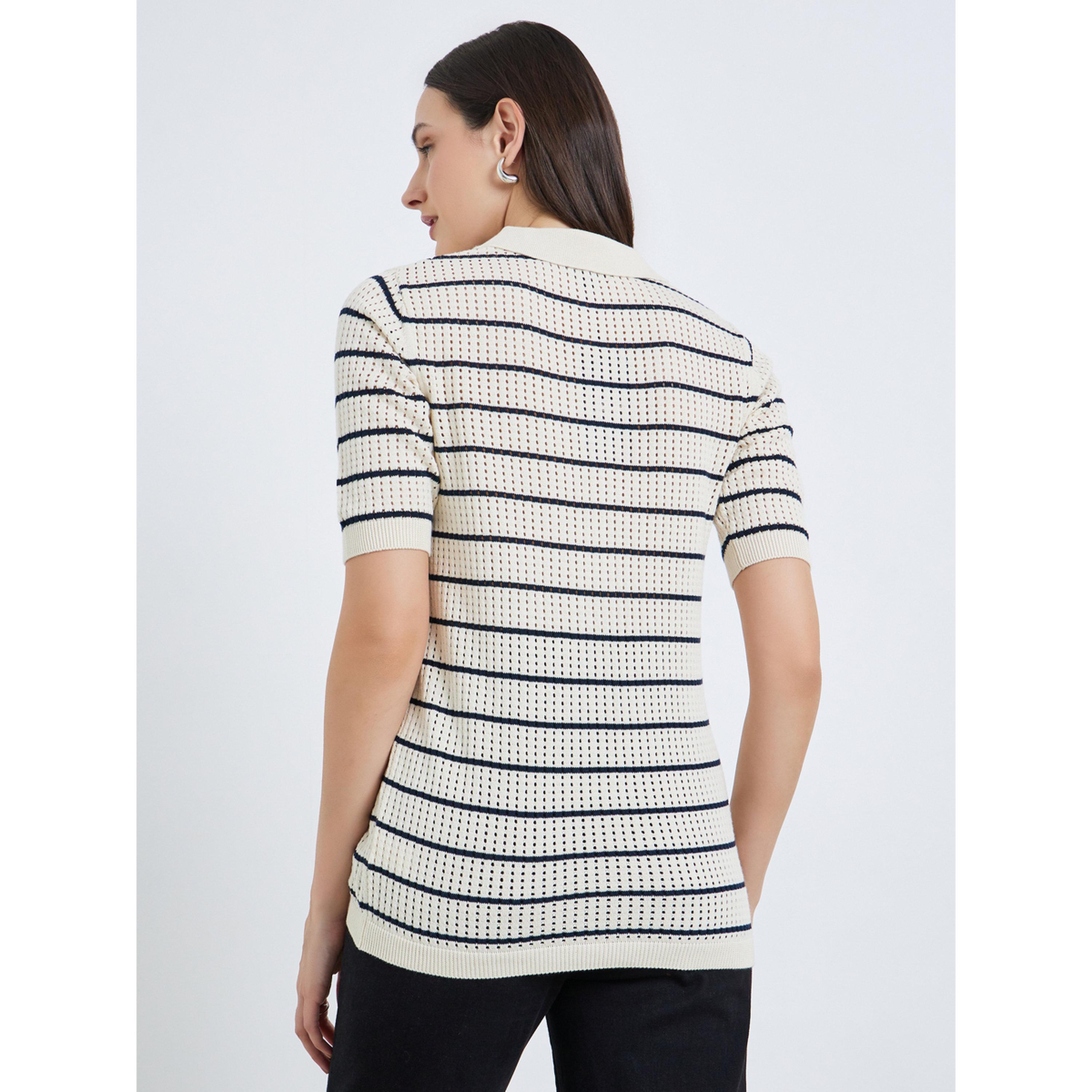 Styli Women Striped Flat Knit 100% Cotton Polo T-Shirt-women-clothing-tshirts-image-4