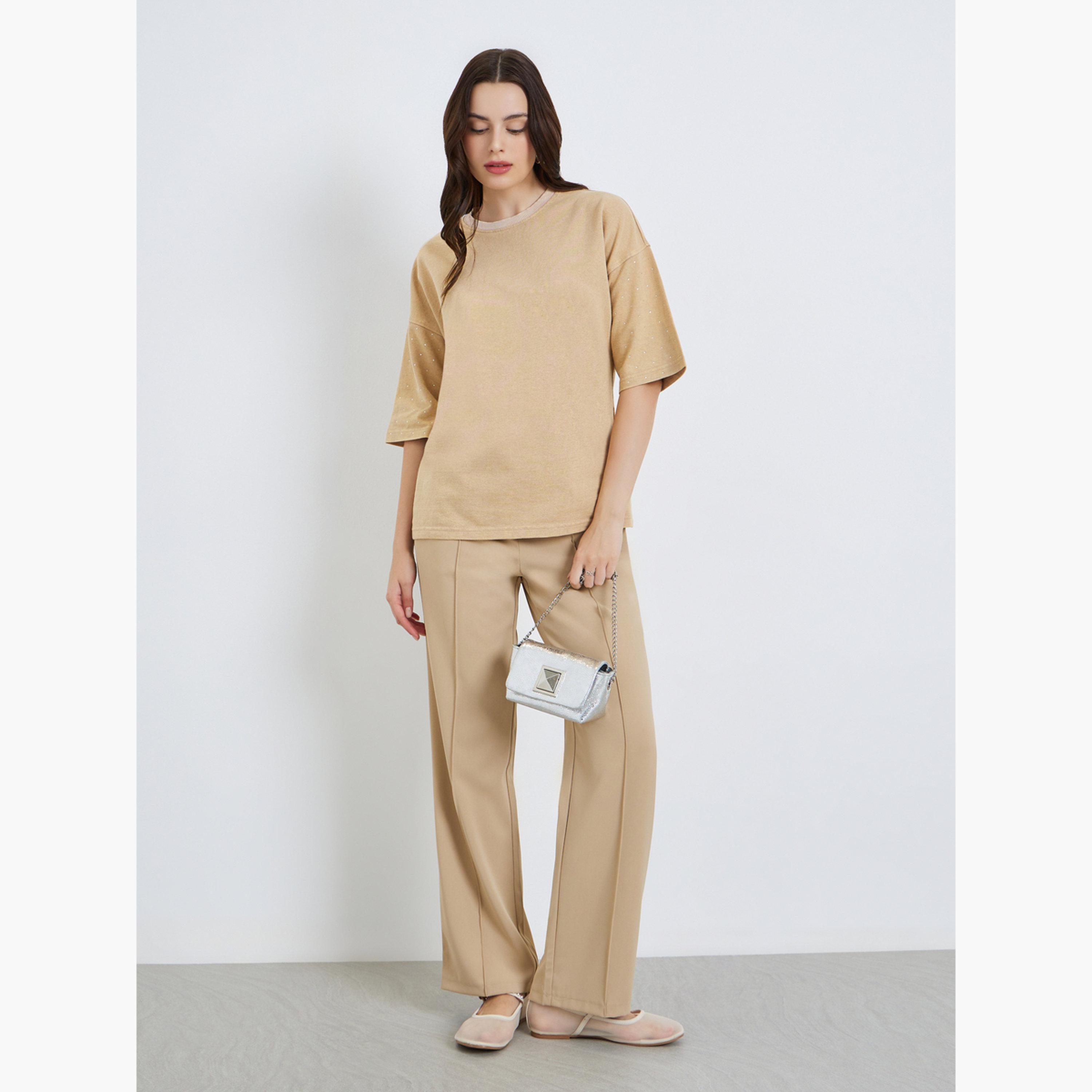Styli Women Washed Studded Sleeve 100% Cotton T-Shirt-women-clothing-tshirts-image-2