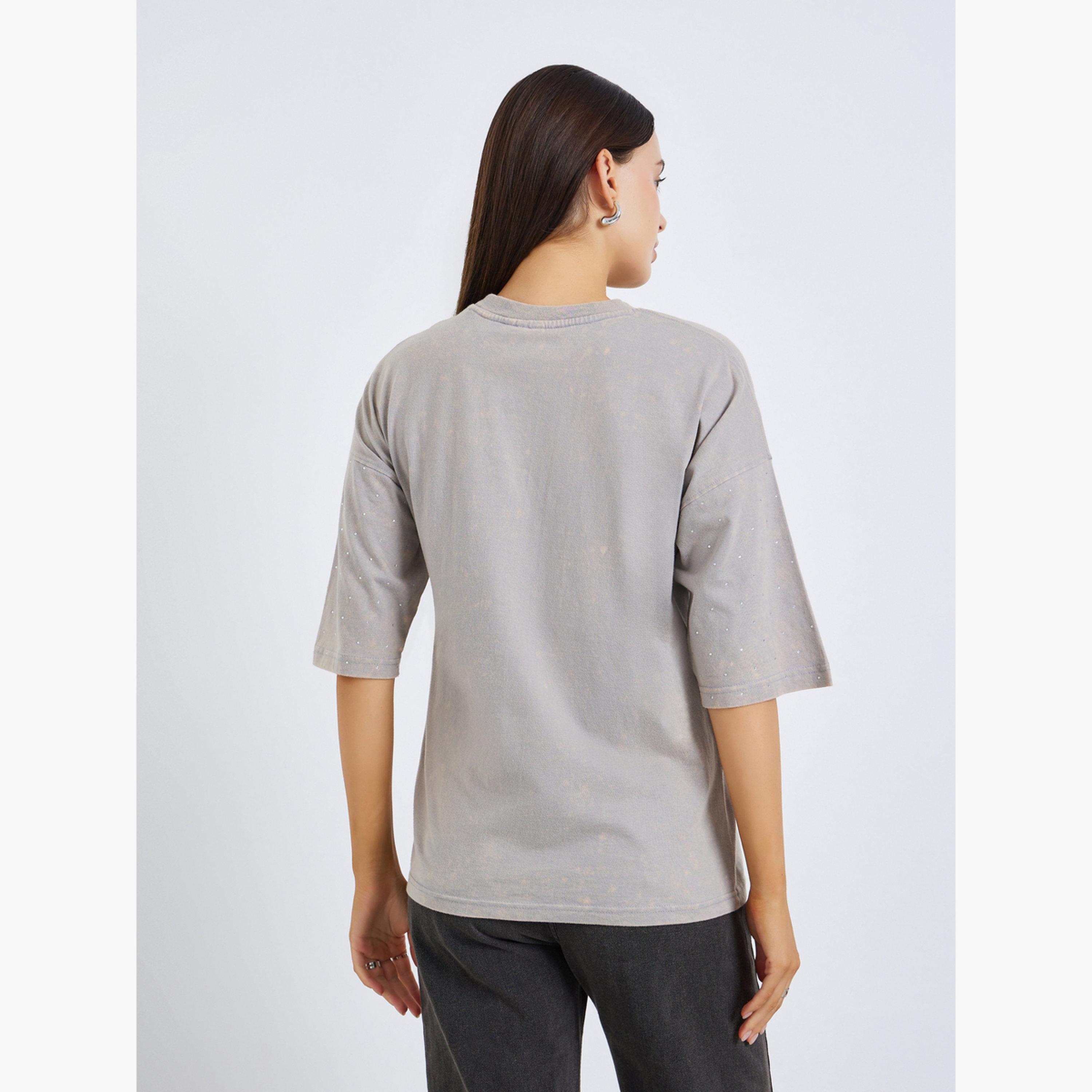 Styli Women Washed Studded Sleeve 100% Cotton T-Shirt-women-clothing-tshirts-image-4