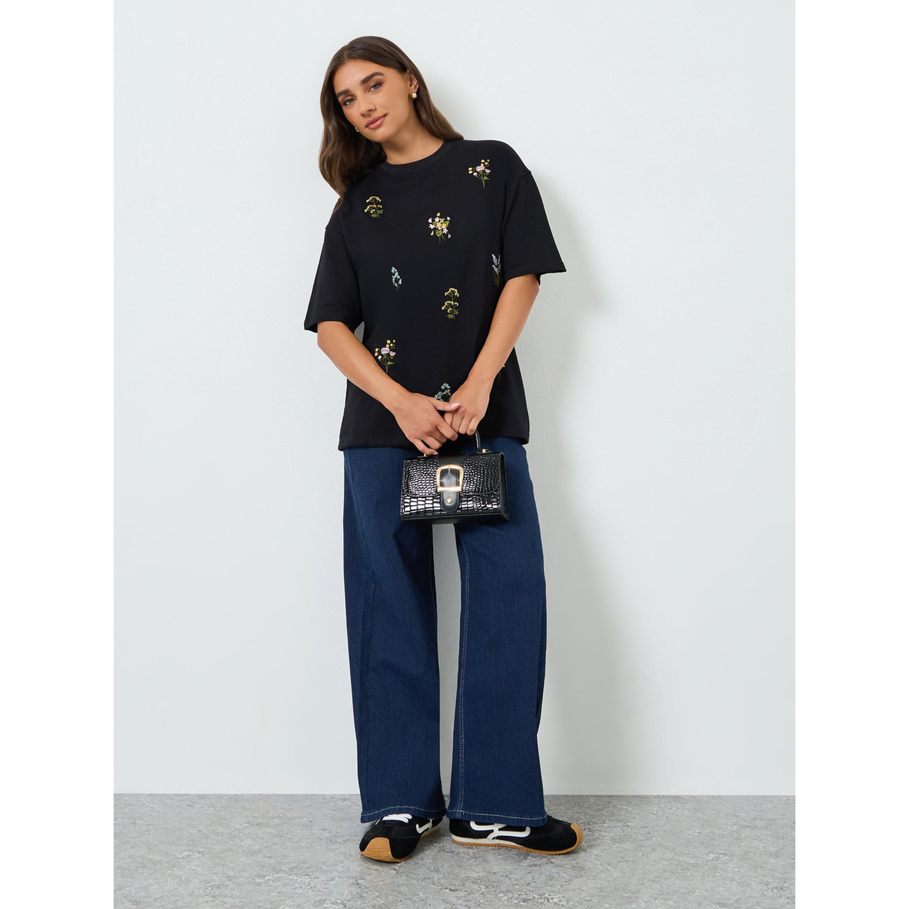 Styli Women Black Embroidered Oversized T-Shirt-women-clothing-tshirts-image-2