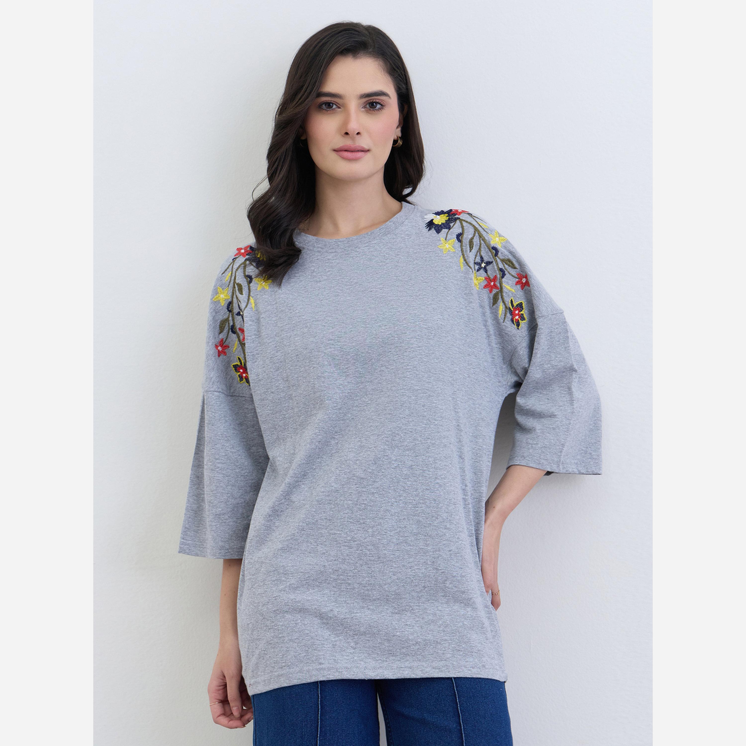 Styli Grey Floral Embroidered Oversized T-Shirt-women-clothing-tshirts-image-1