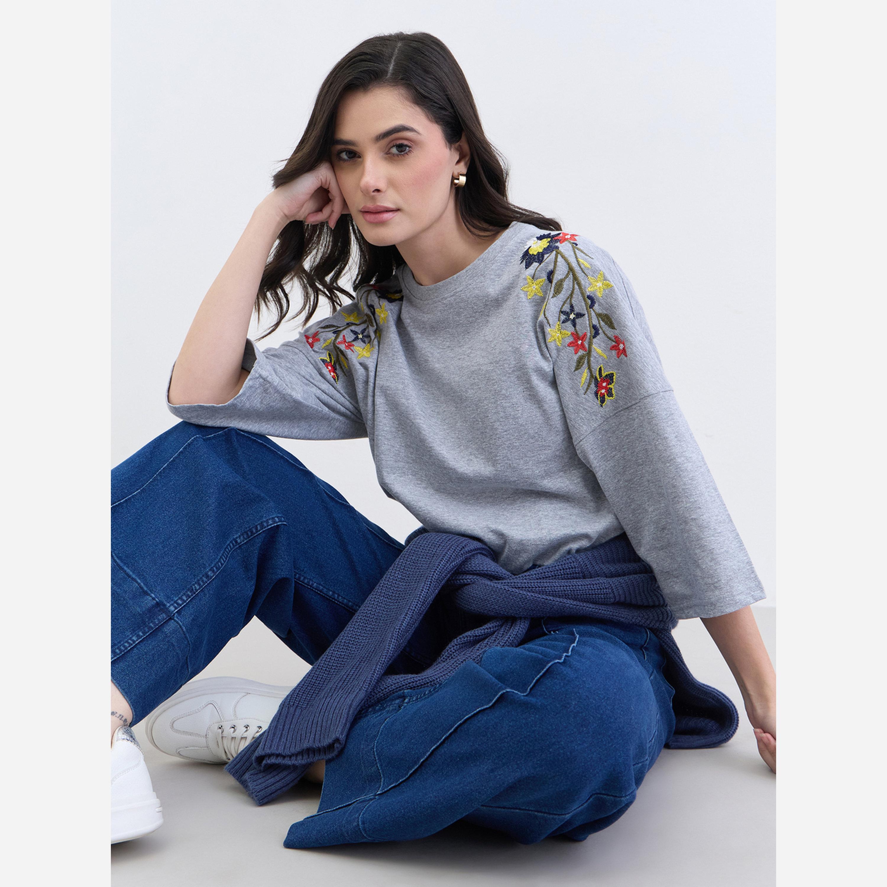 Styli Grey Floral Embroidered Oversized T-Shirt-women-clothing-tshirts-image-2