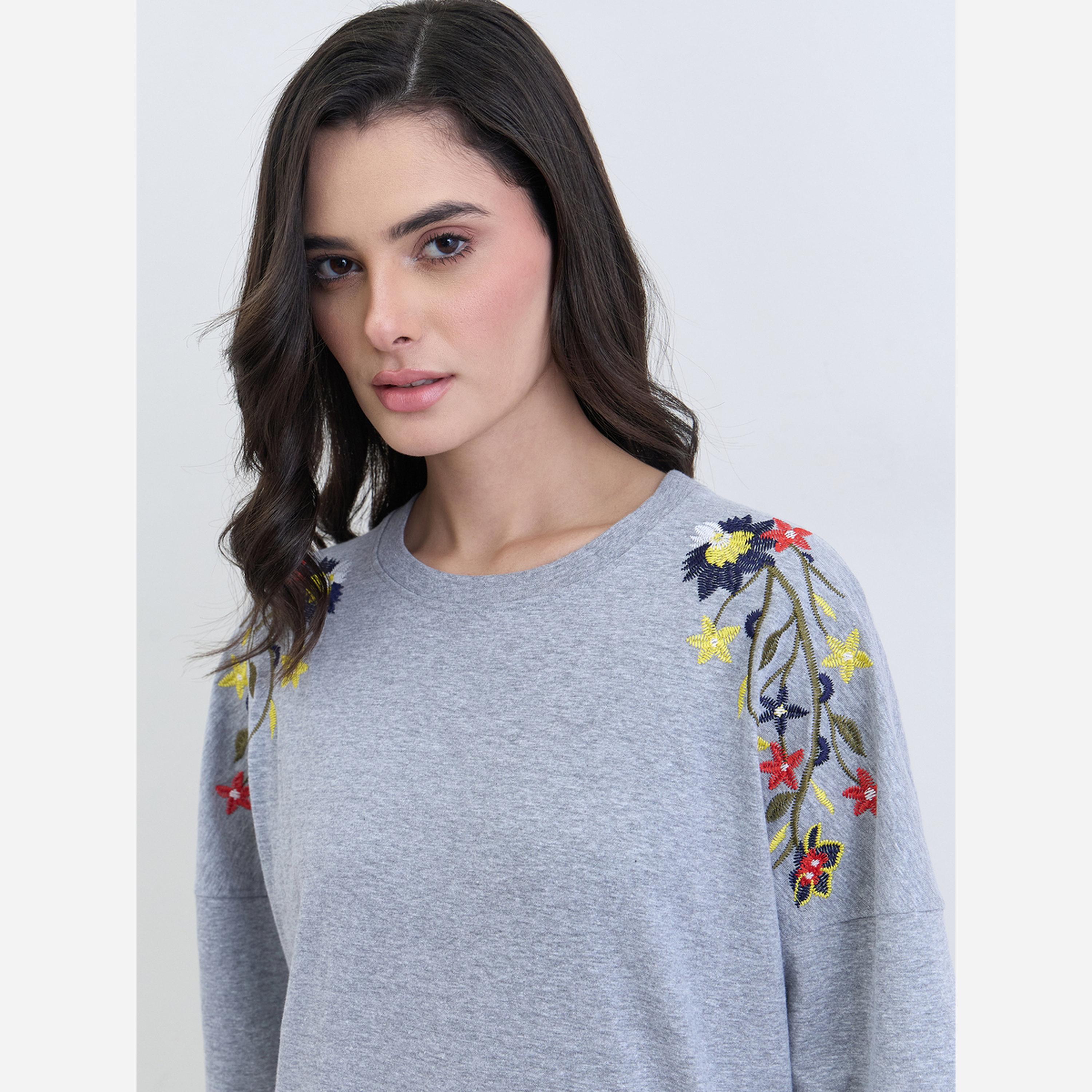 Styli Grey Floral Embroidered Oversized T-Shirt-women-clothing-tshirts-image-3