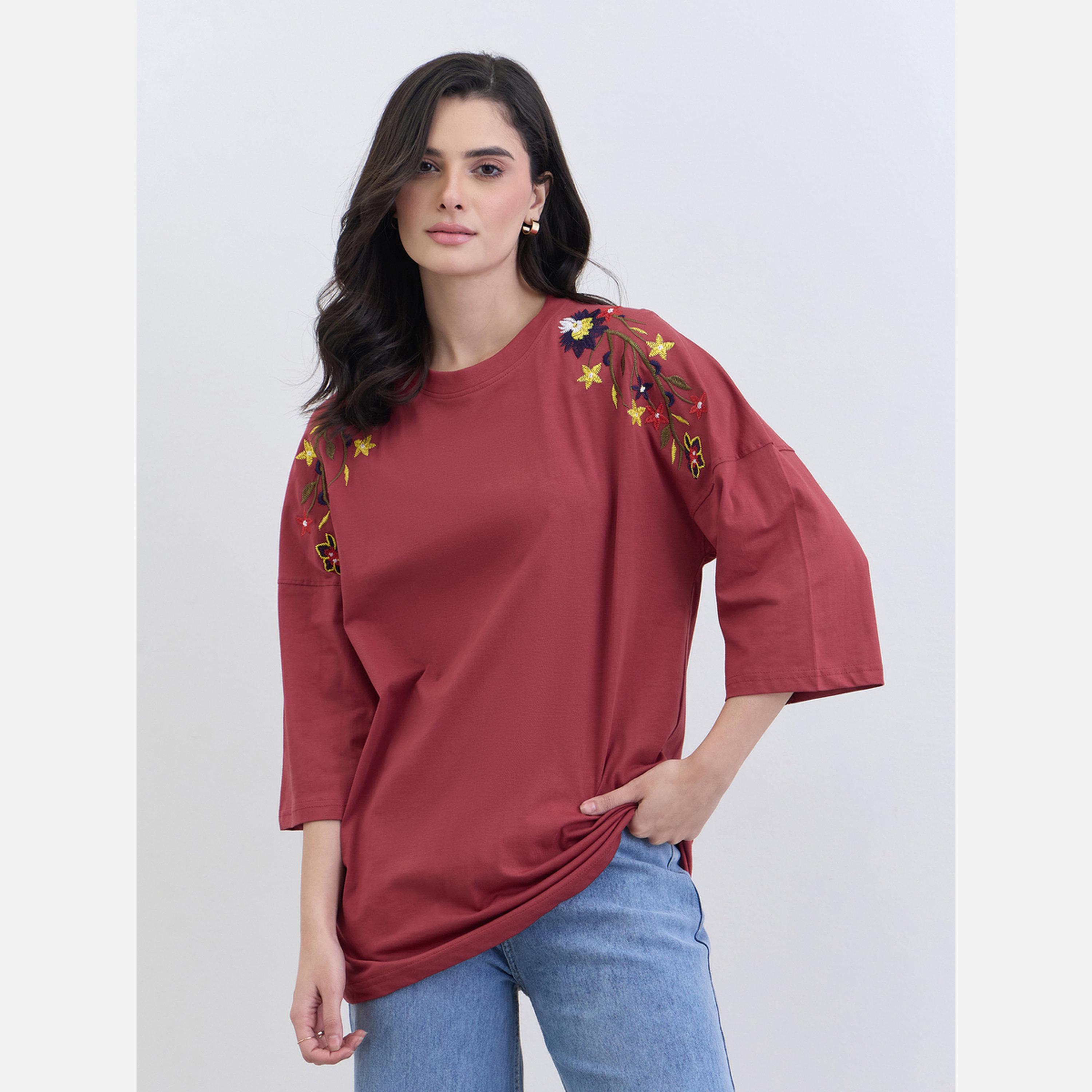 Styli Red Floral Embroidered Oversized T-Shirt-women-clothing-tshirts-image-1